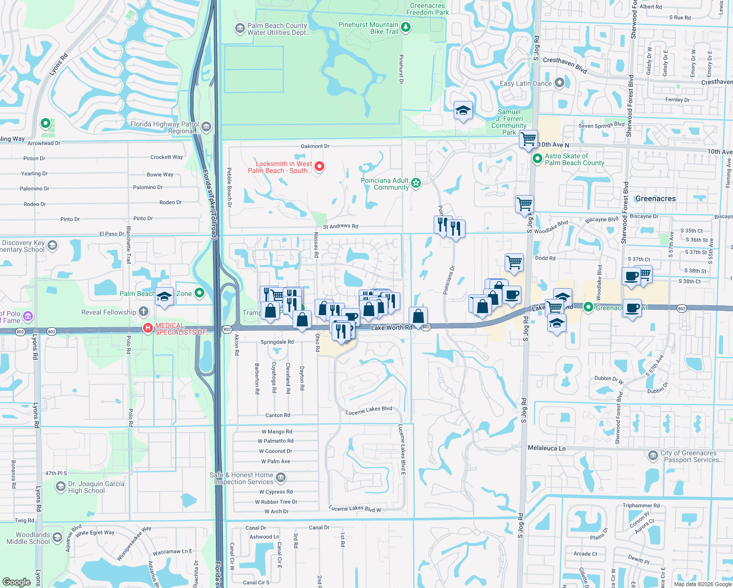 map of restaurants, bars, coffee shops, grocery stores, and more near 461 Holyoke Lane in Lake Worth