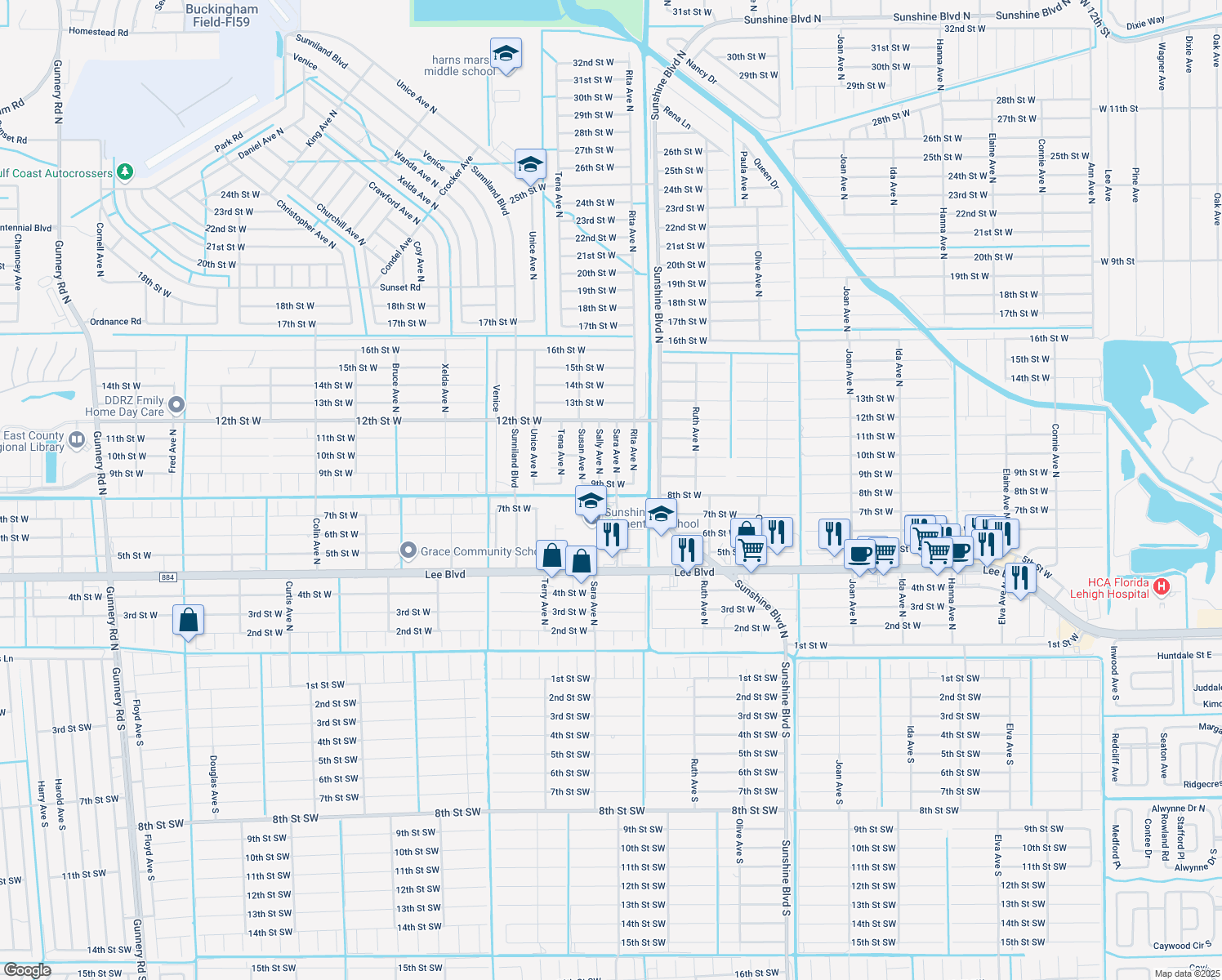 map of restaurants, bars, coffee shops, grocery stores, and more near 3409 9th Street West in Lehigh Acres