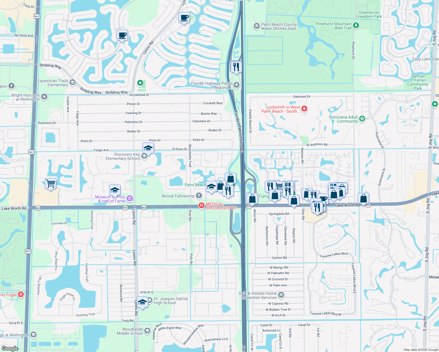 map of restaurants, bars, coffee shops, grocery stores, and more near 8261 Lake Cypress Road in Lake Worth