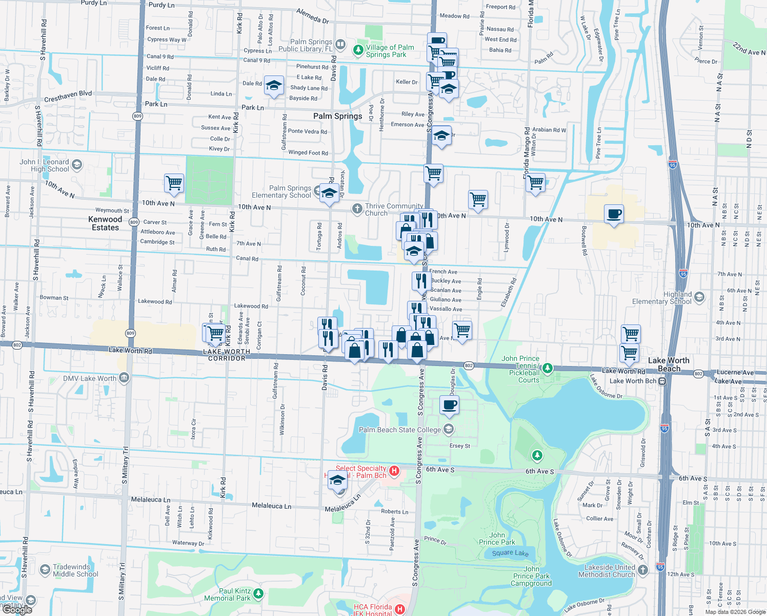 map of restaurants, bars, coffee shops, grocery stores, and more near 4101 Waterview Circle in Palm Springs
