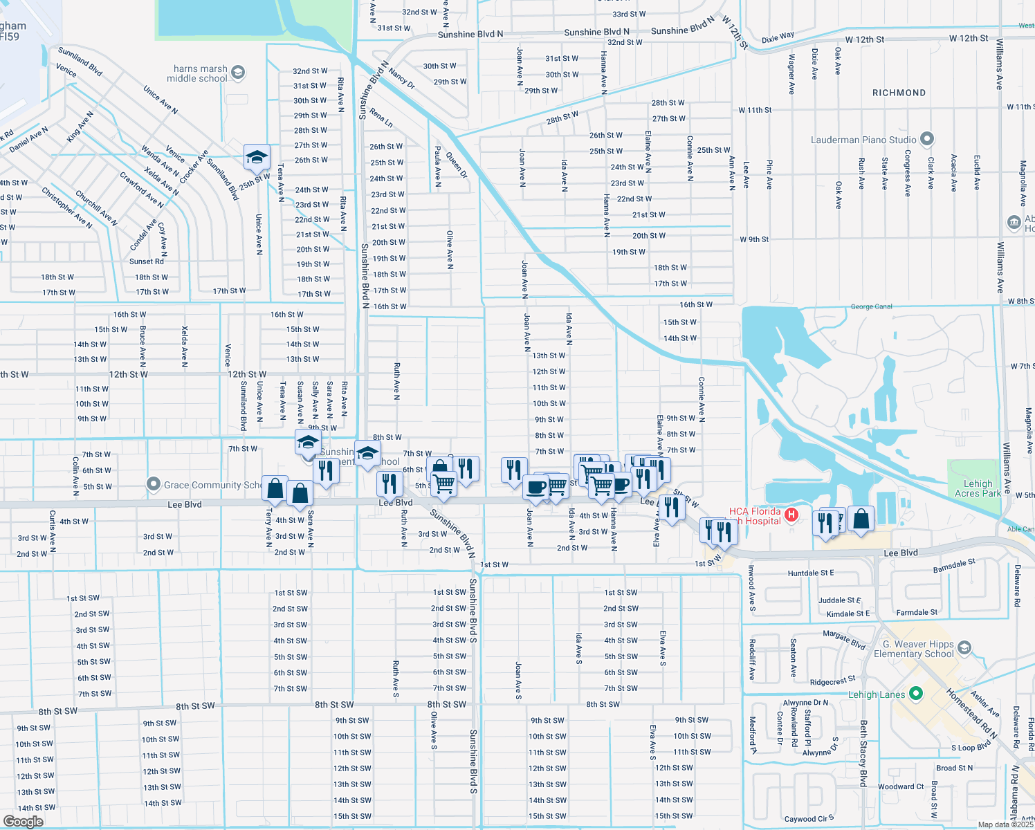map of restaurants, bars, coffee shops, grocery stores, and more near 3004 9th Street West in Lehigh Acres