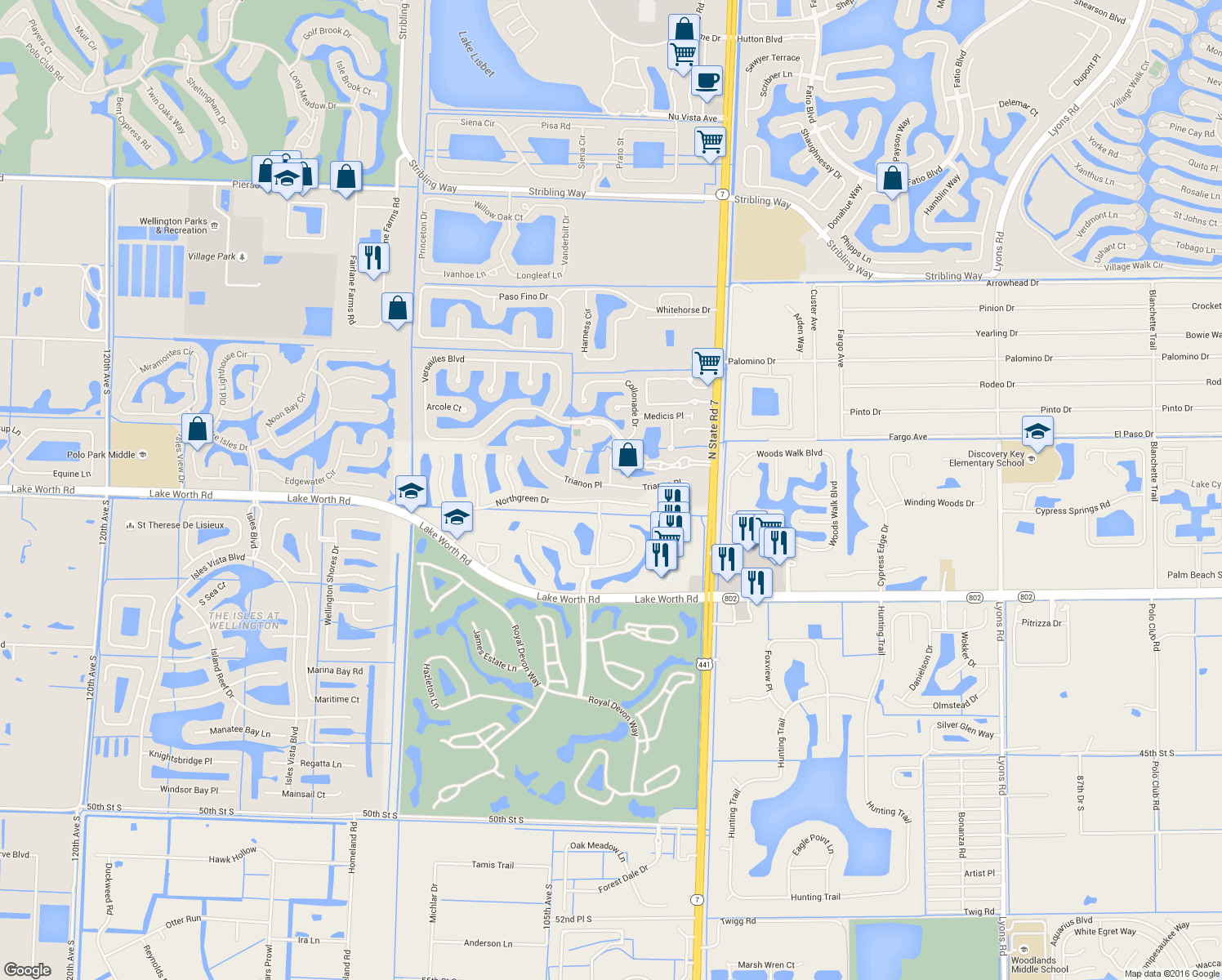 map of restaurants, bars, coffee shops, grocery stores, and more near 10380 Trianon Place in Wellington