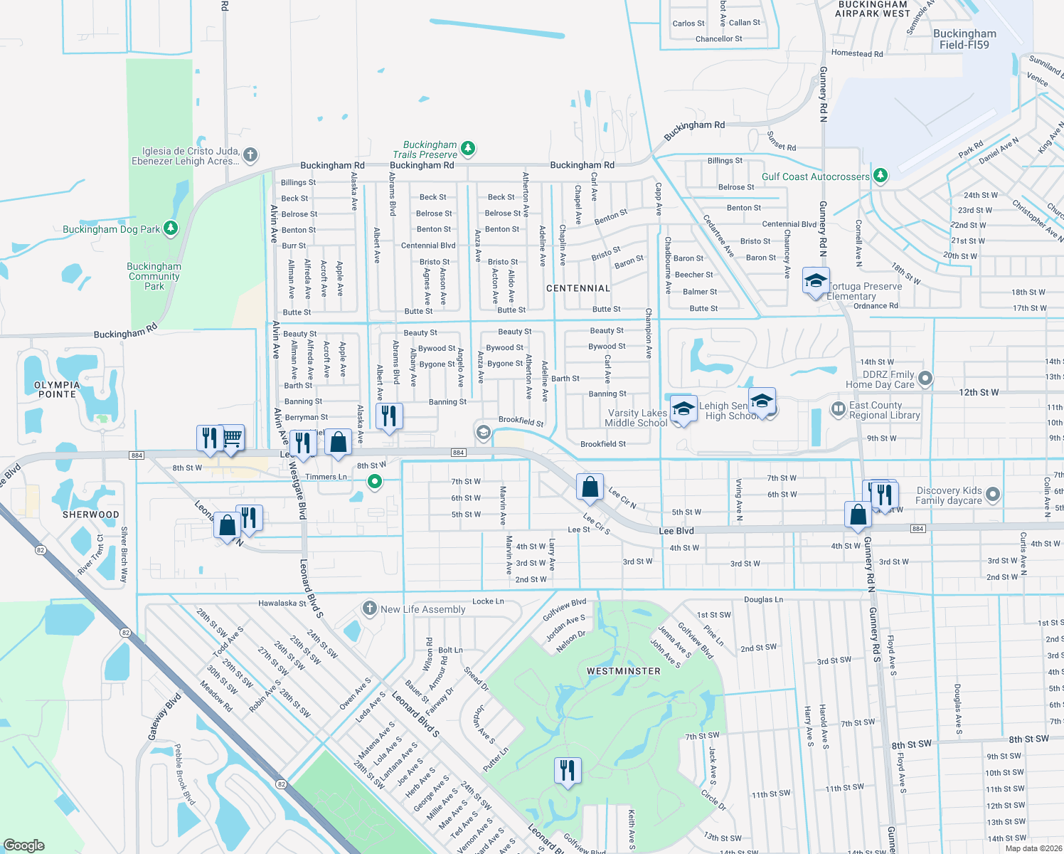 map of restaurants, bars, coffee shops, grocery stores, and more near 5107 Brookfield Street in Lehigh Acres