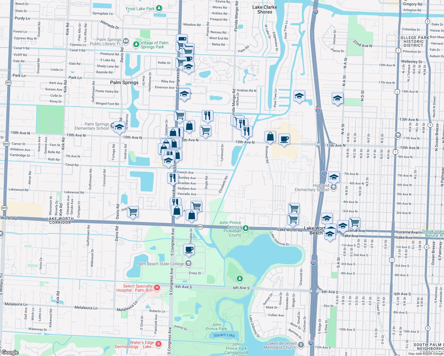 map of restaurants, bars, coffee shops, grocery stores, and more near 2820 Buckley Avenue in Lake Worth