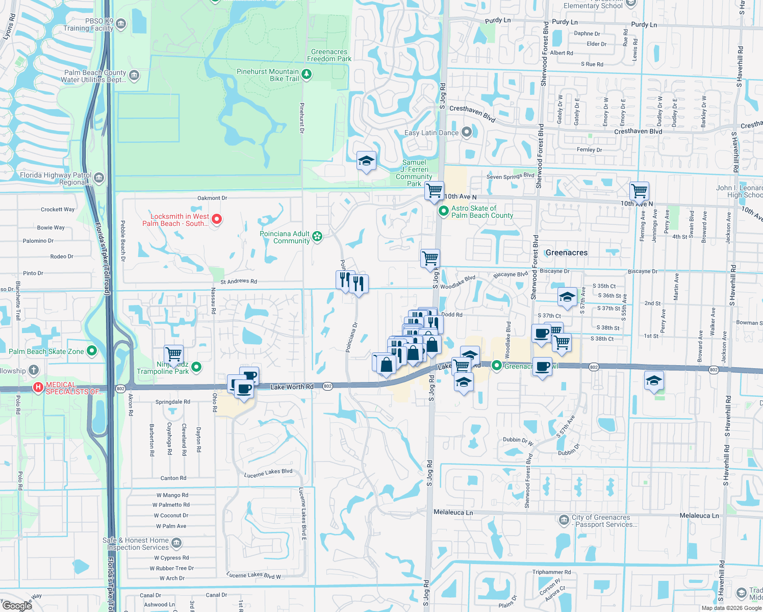 map of restaurants, bars, coffee shops, grocery stores, and more near 3712 Suncrest Road in Lake Worth