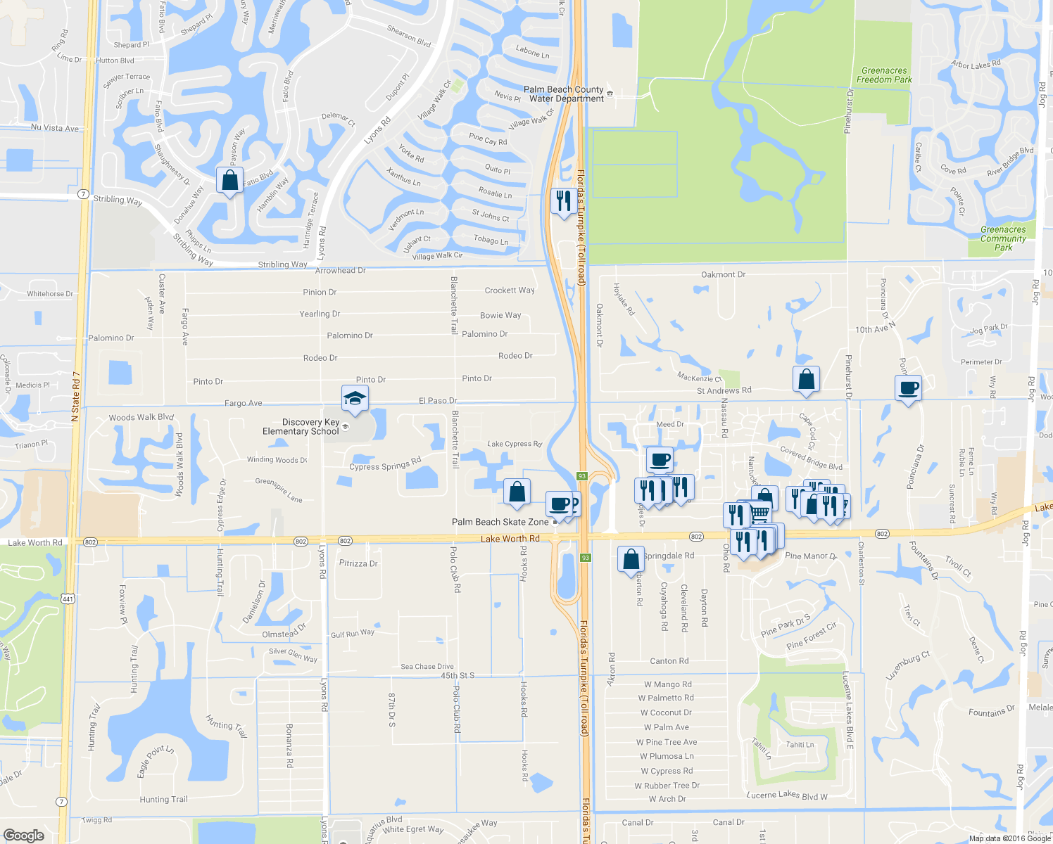 map of restaurants, bars, coffee shops, grocery stores, and more near 3747 Spring Crest Court in Lake Worth