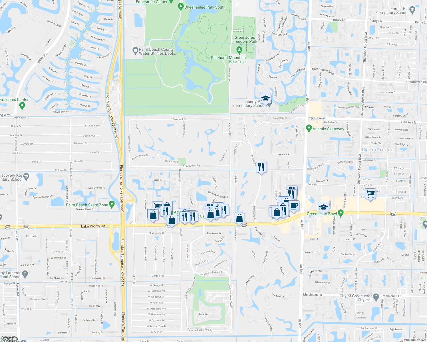 map of restaurants, bars, coffee shops, grocery stores, and more near 170 Amherst Lane in Lake Worth