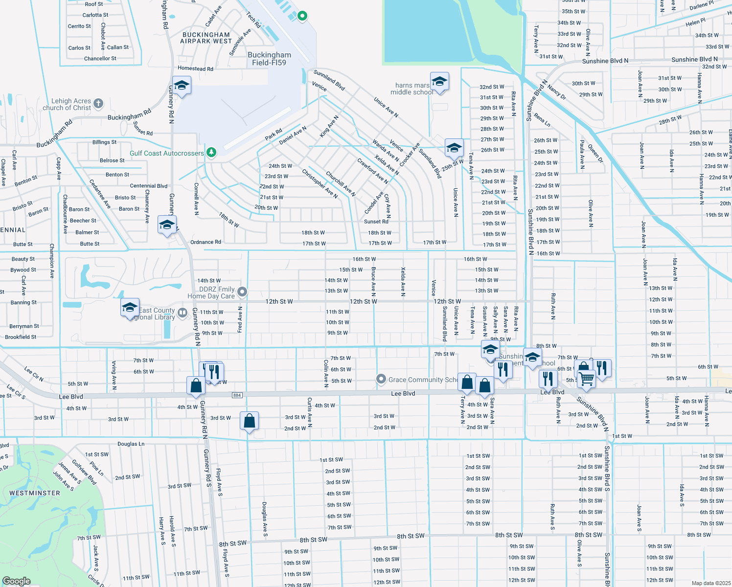 map of restaurants, bars, coffee shops, grocery stores, and more near 3805 13th Street West in Lehigh Acres