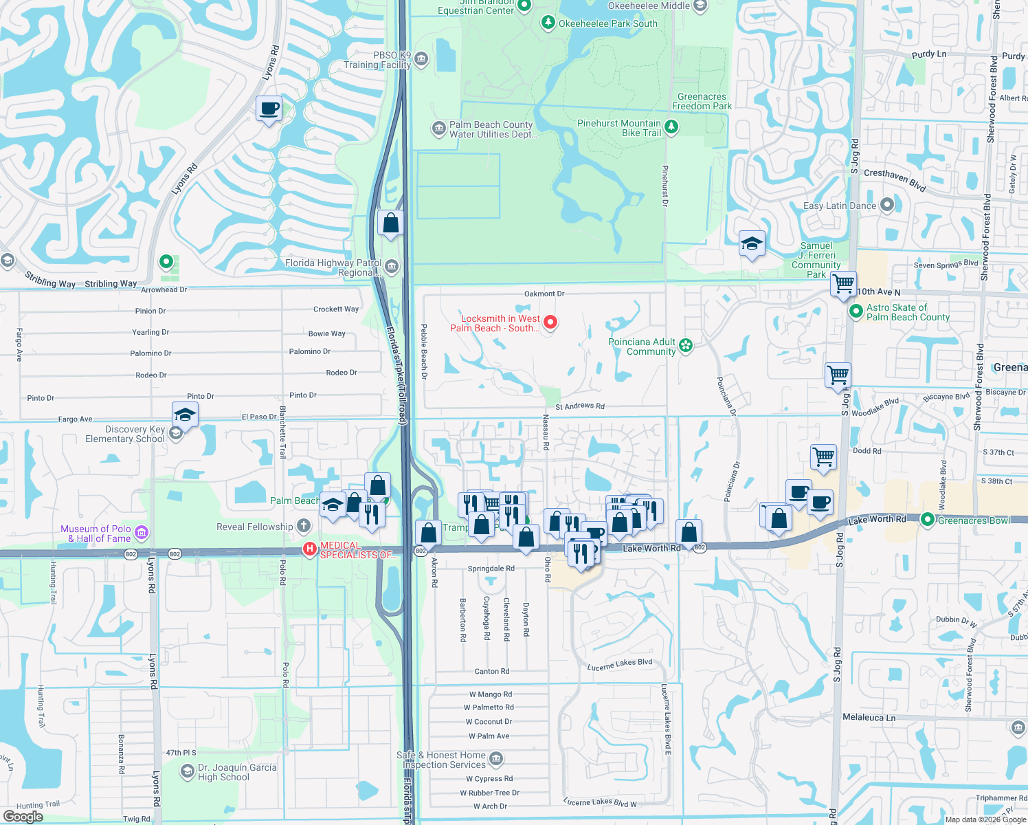 map of restaurants, bars, coffee shops, grocery stores, and more near 7620 Saint Andrews Road in Lake Worth