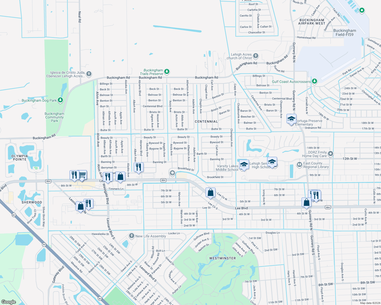 map of restaurants, bars, coffee shops, grocery stores, and more near 900 Atherton Avenue in Lehigh Acres