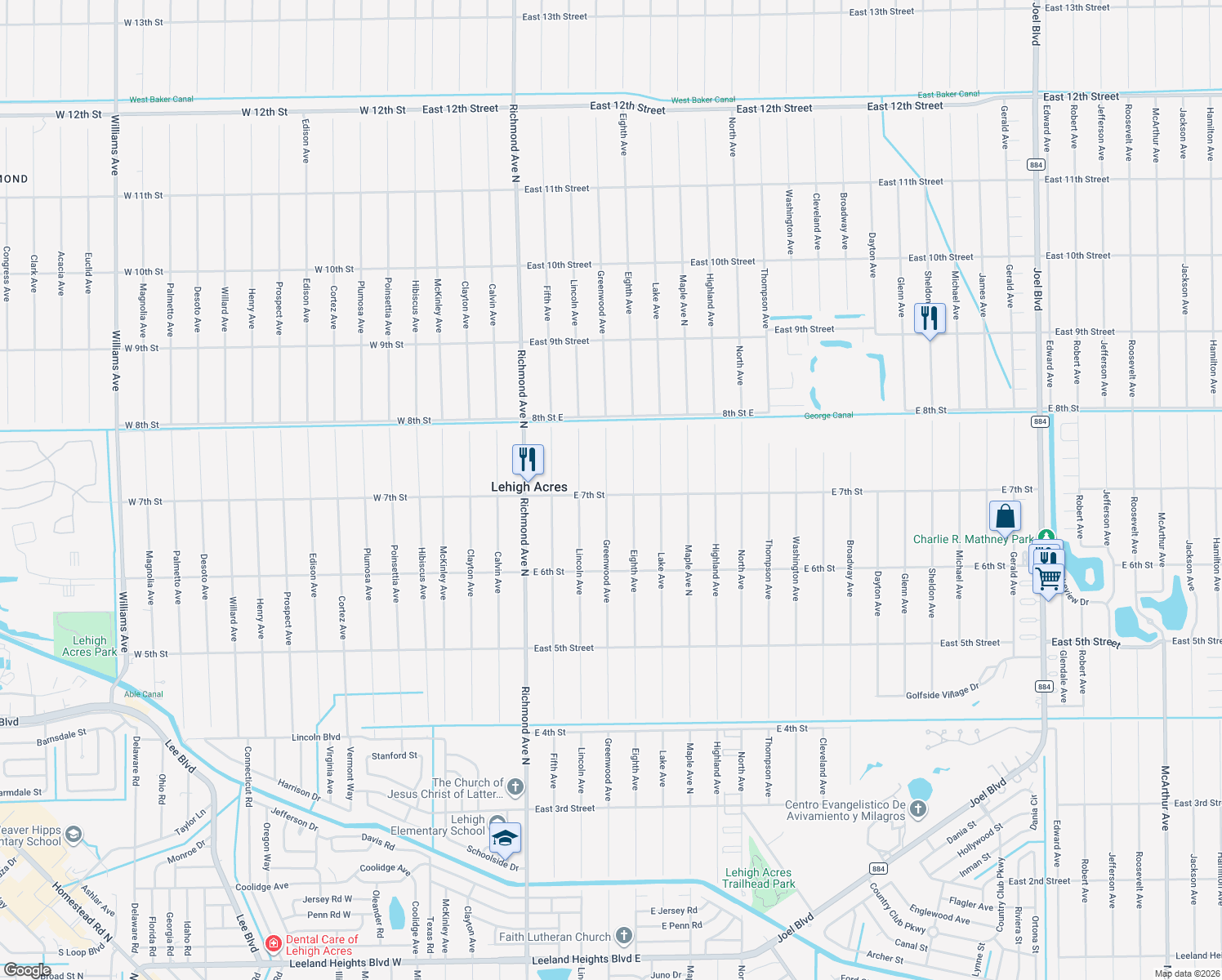 map of restaurants, bars, coffee shops, grocery stores, and more near 701 East 7th Street in Lehigh Acres