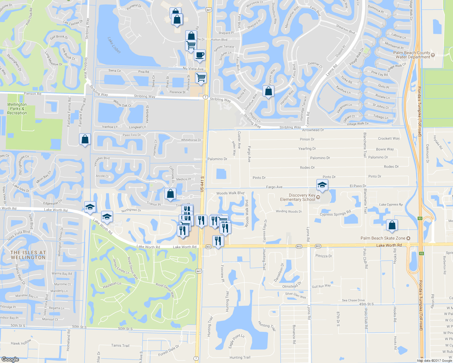 map of restaurants, bars, coffee shops, grocery stores, and more near 3486 Lago De Talavera in Lake Worth