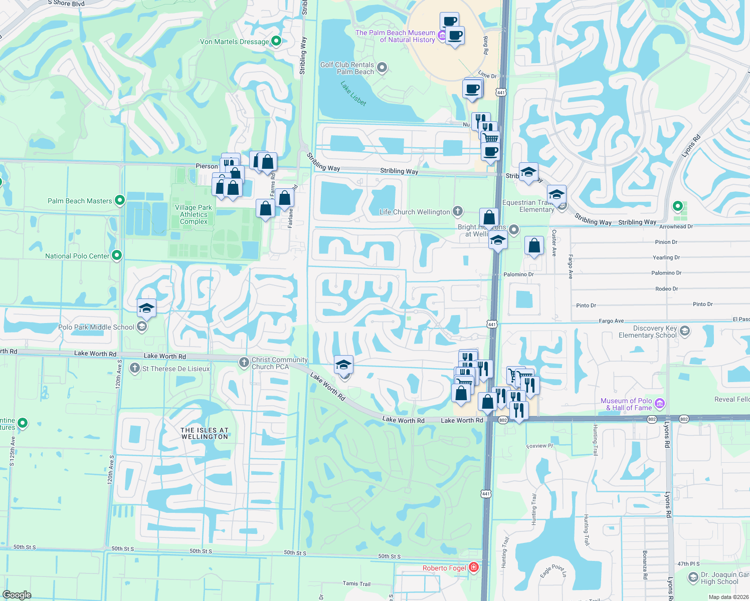 map of restaurants, bars, coffee shops, grocery stores, and more near 10513 Versailles Boulevard in Wellington