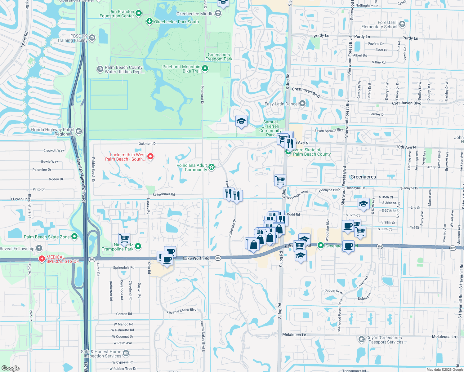 map of restaurants, bars, coffee shops, grocery stores, and more near 6770 Dupere Lane in Lake Worth