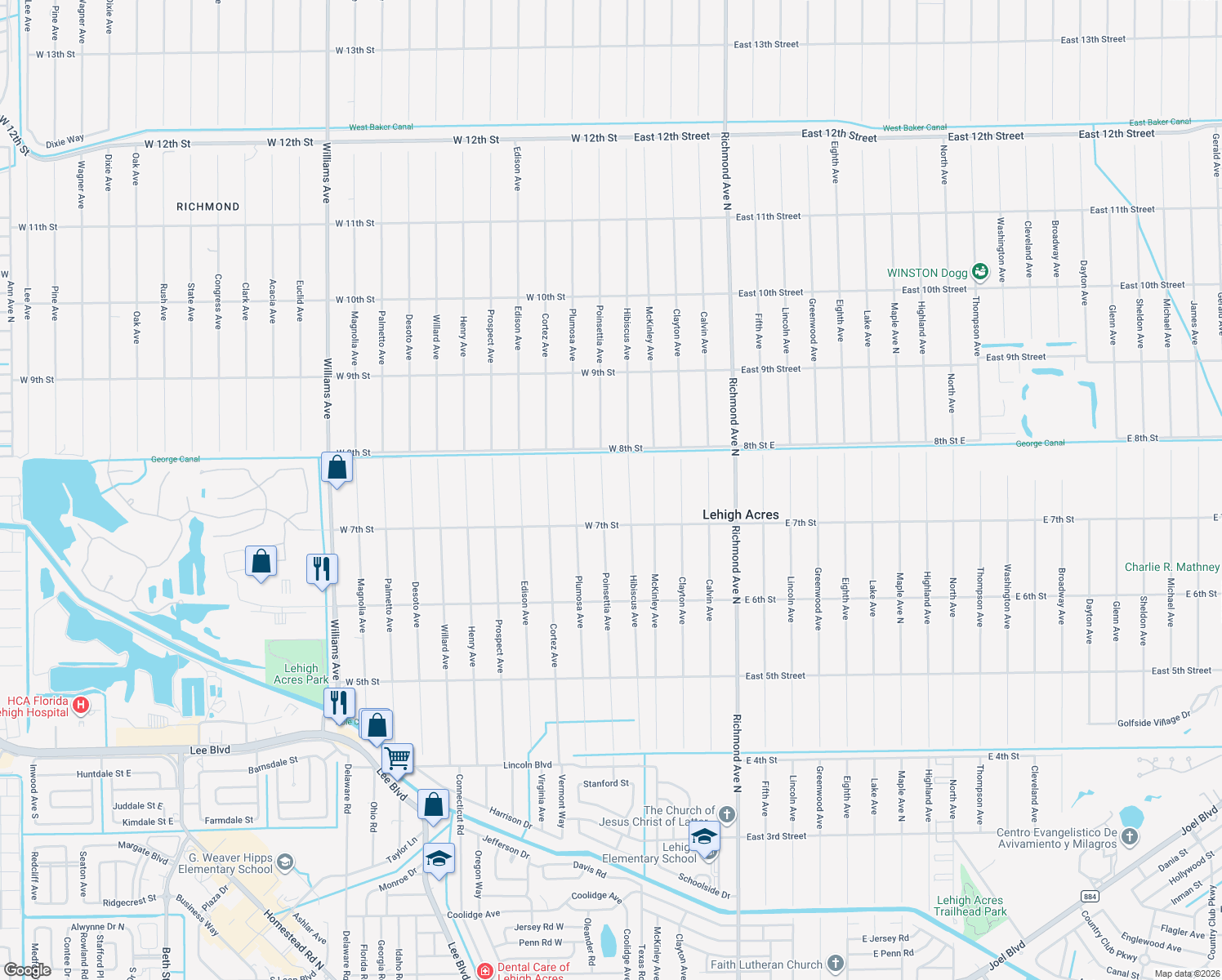 map of restaurants, bars, coffee shops, grocery stores, and more near 710 Poinsettia Avenue in Lehigh Acres