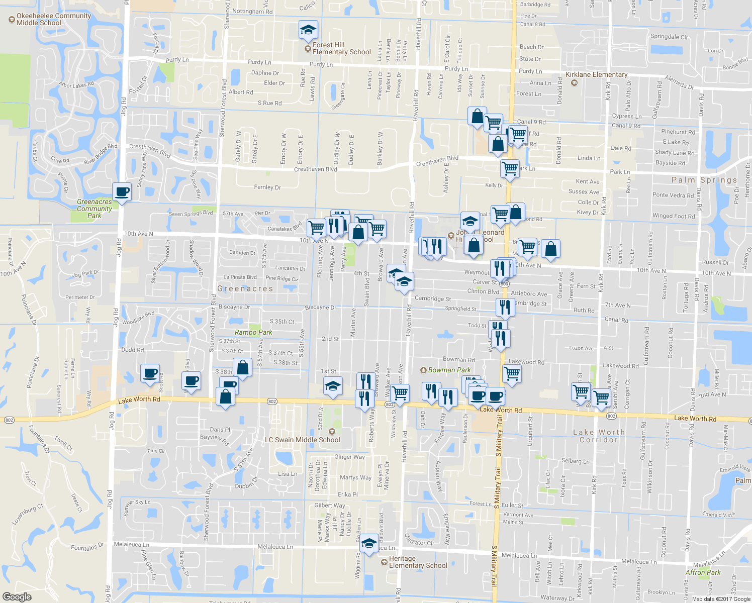 map of restaurants, bars, coffee shops, grocery stores, and more near 409 Broward Avenue in Greenacres