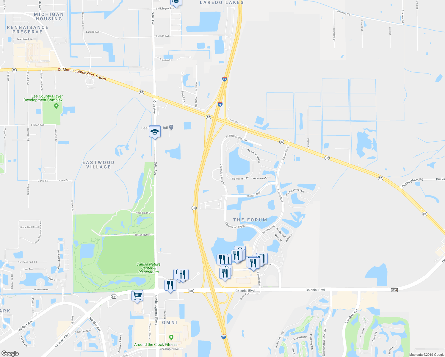 map of restaurants, bars, coffee shops, grocery stores, and more near Champion Ring Road in Fort Myers