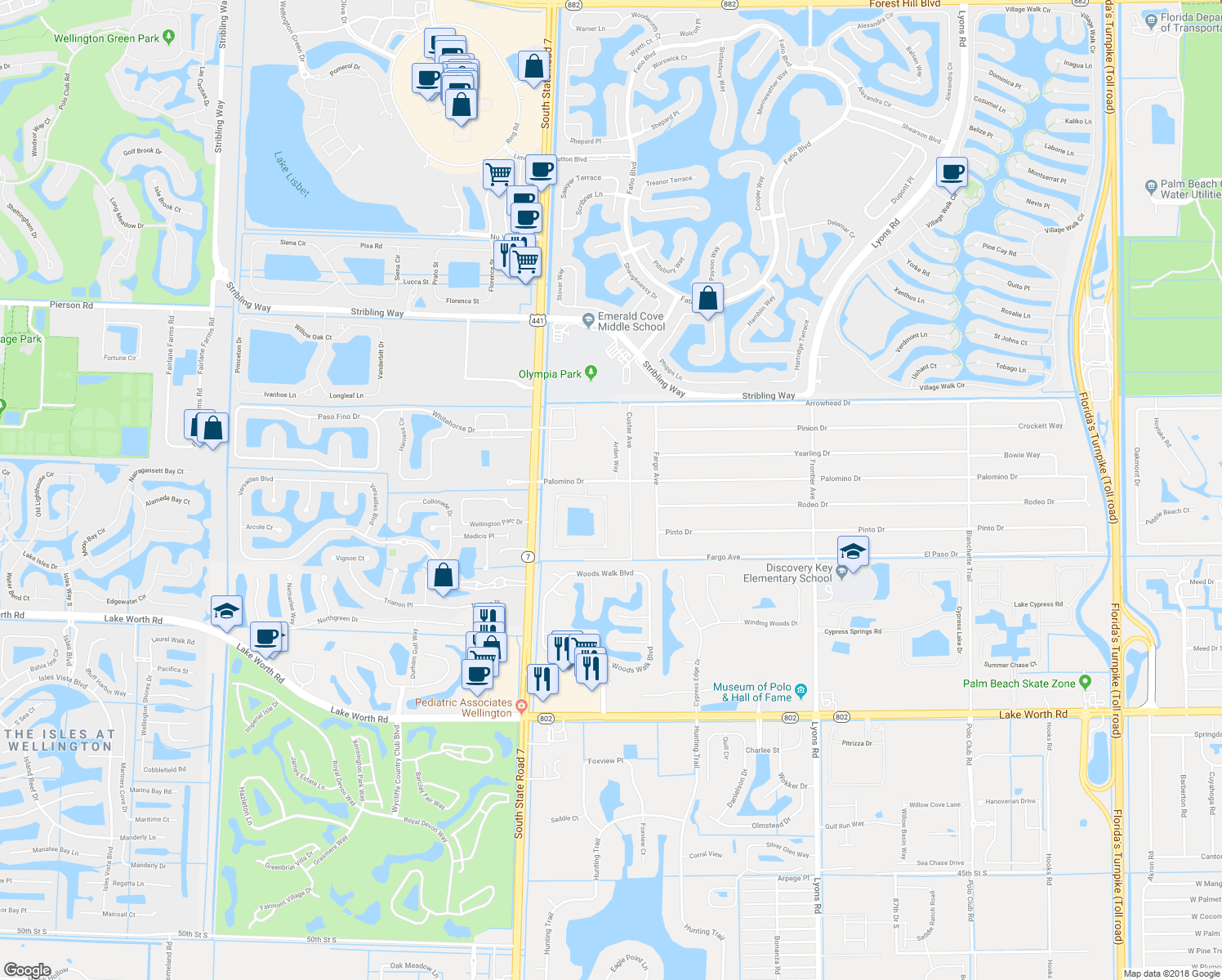 map of restaurants, bars, coffee shops, grocery stores, and more near 3613 Lago De Talavera in Wellington