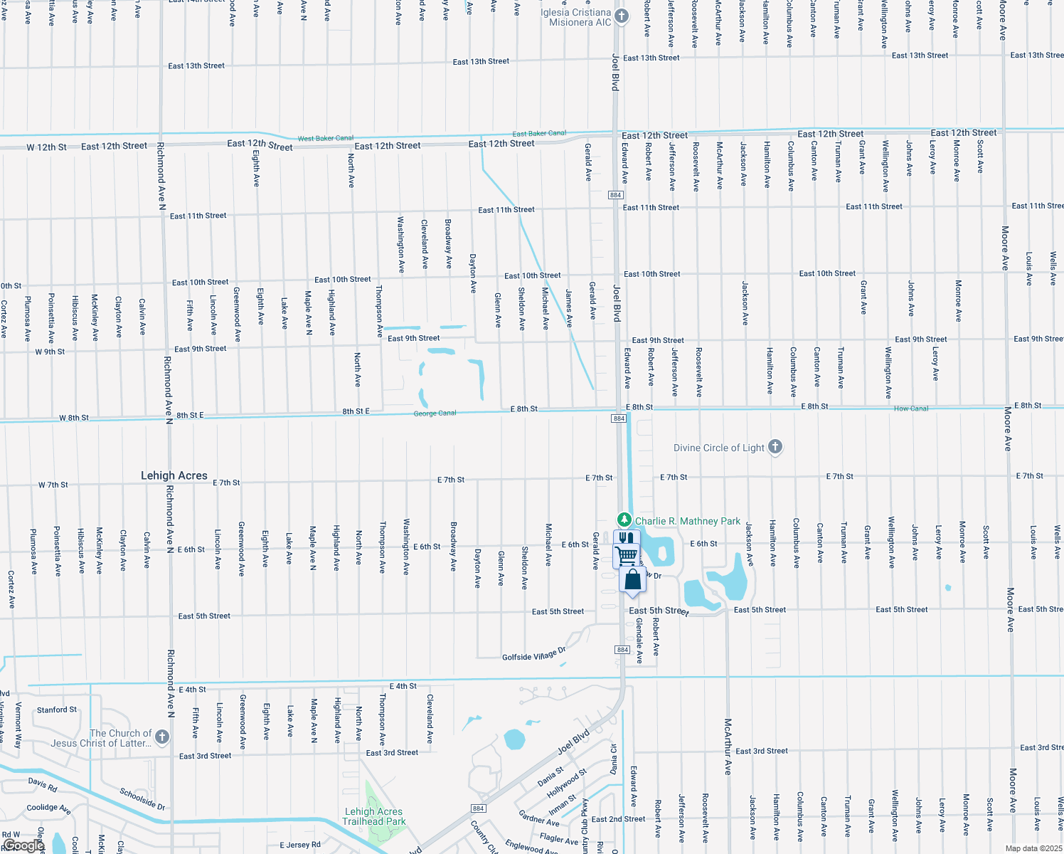 map of restaurants, bars, coffee shops, grocery stores, and more near 718 Sheldon Avenue in Lehigh Acres
