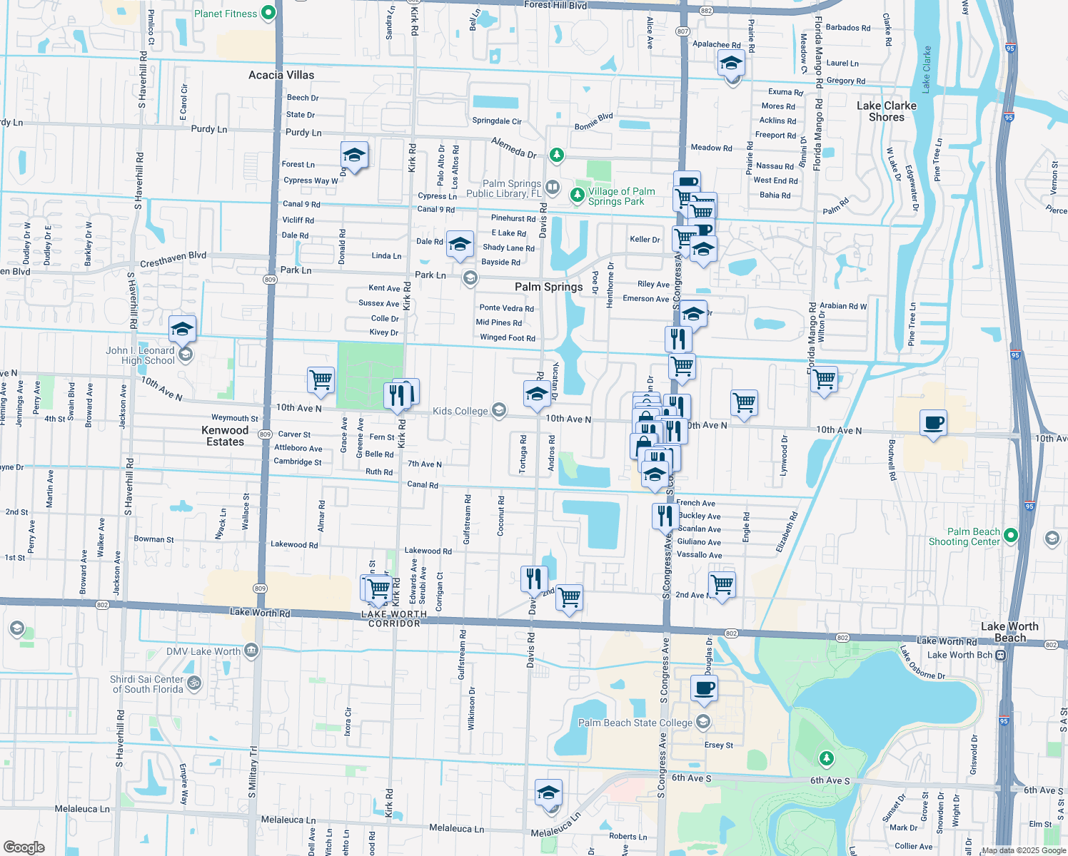 map of restaurants, bars, coffee shops, grocery stores, and more near 160 Jamaica Drive in Lake Worth