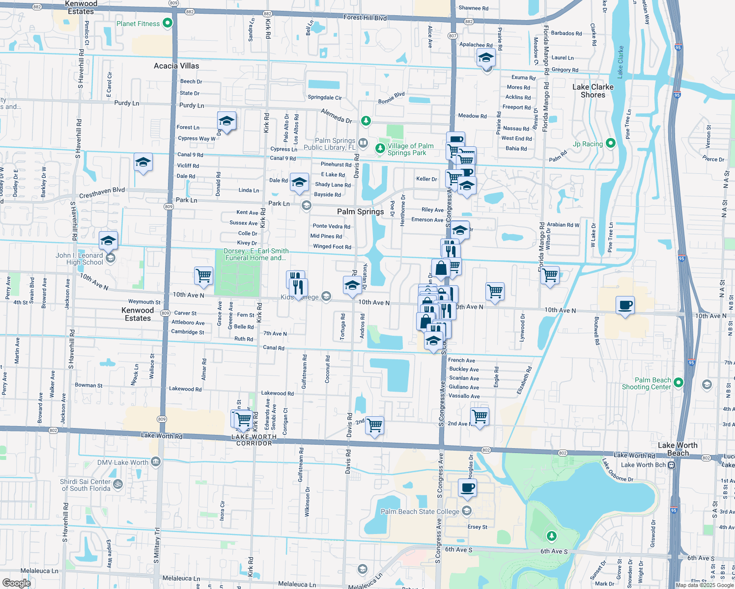 map of restaurants, bars, coffee shops, grocery stores, and more near 225 Russell Drive in Palm Springs