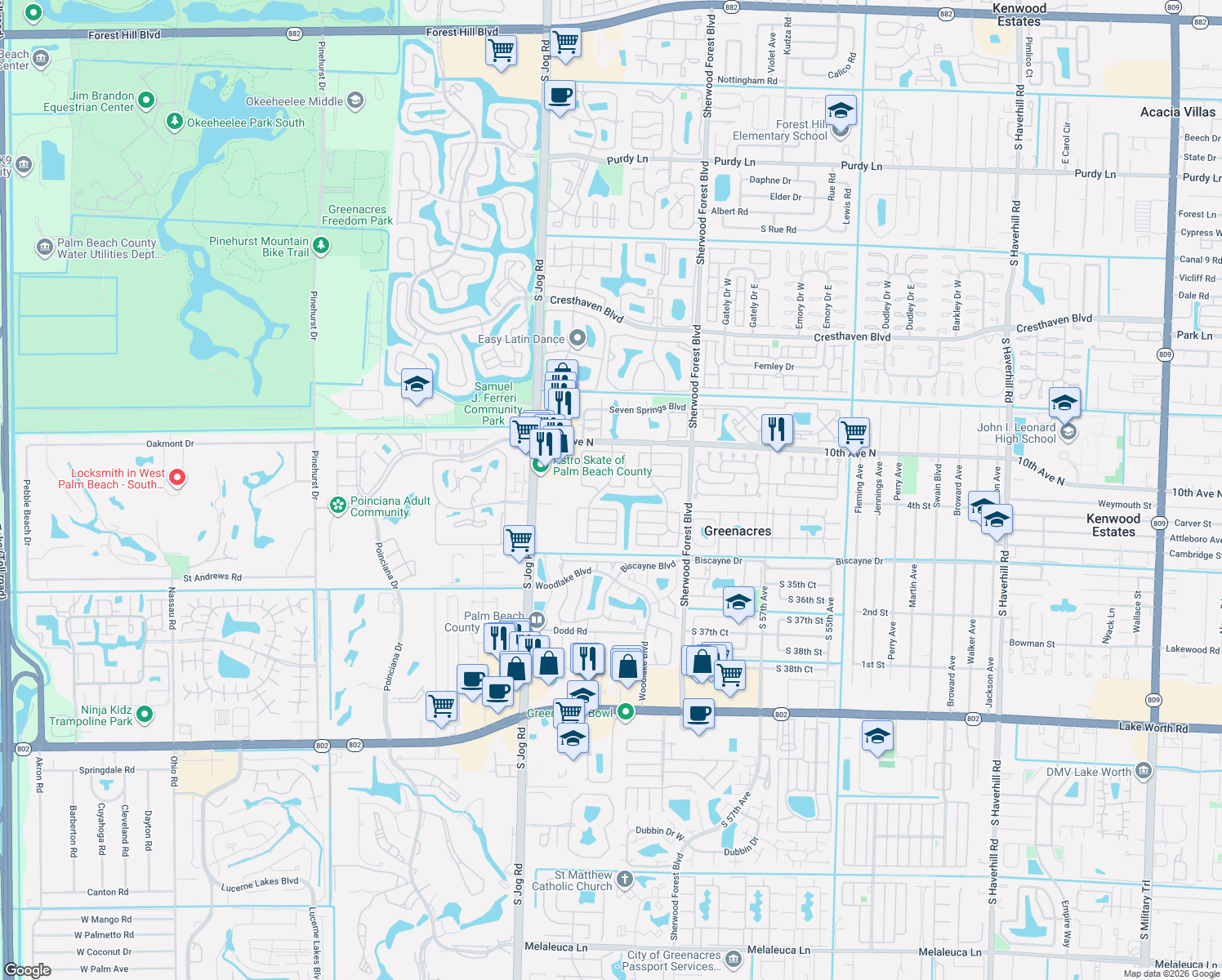 map of restaurants, bars, coffee shops, grocery stores, and more near 6211 Red Cedar Circle in Greenacres