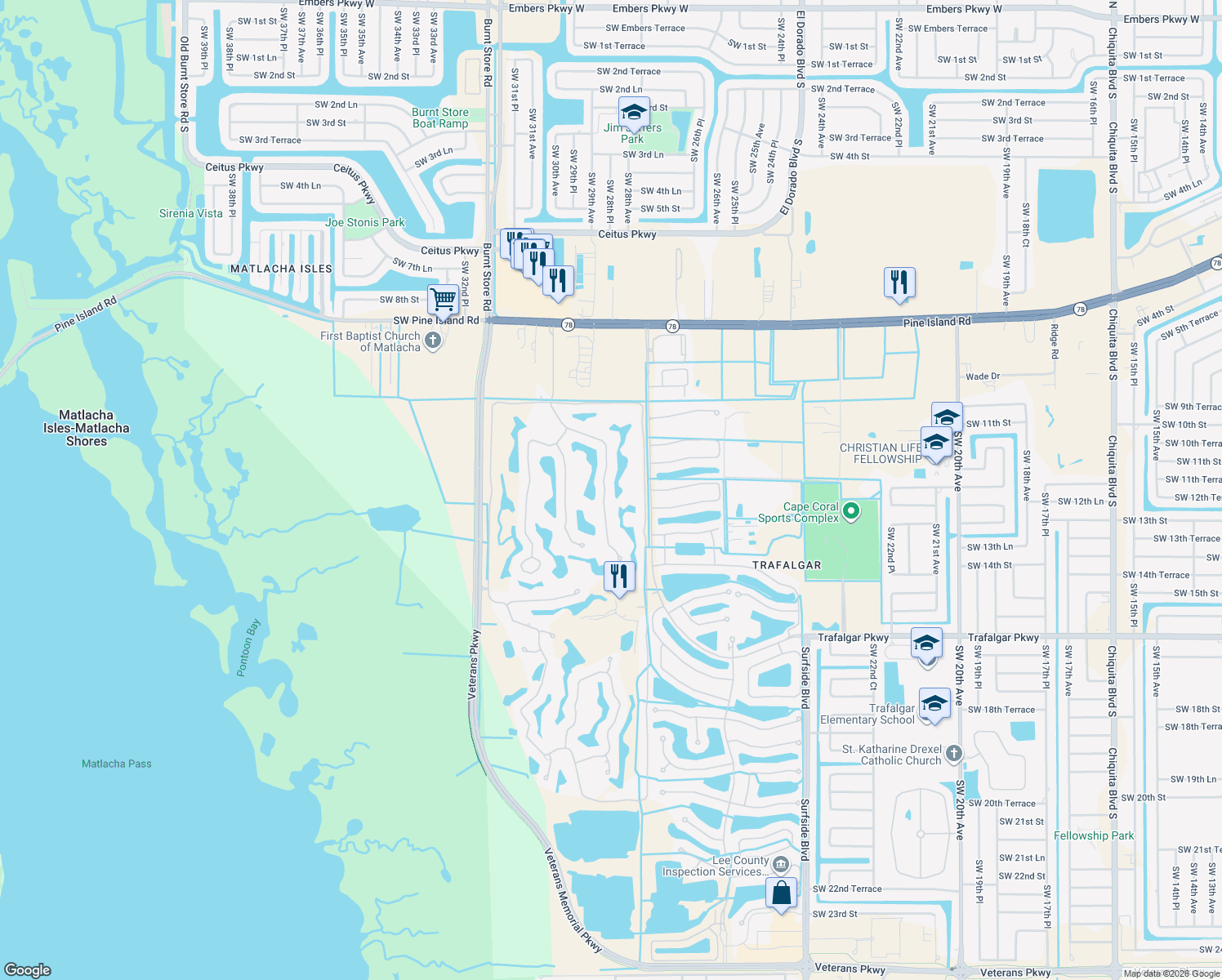 map of restaurants, bars, coffee shops, grocery stores, and more near 11916 King James Court in Cape Coral