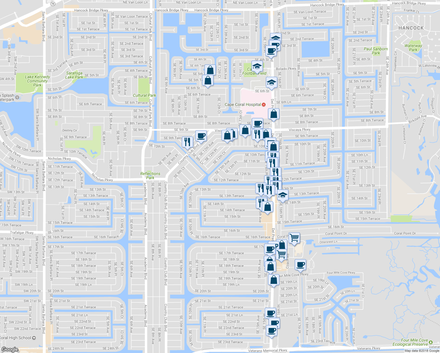 map of restaurants, bars, coffee shops, grocery stores, and more near 1302-1306 Southeast 12th Terrace in Cape Coral