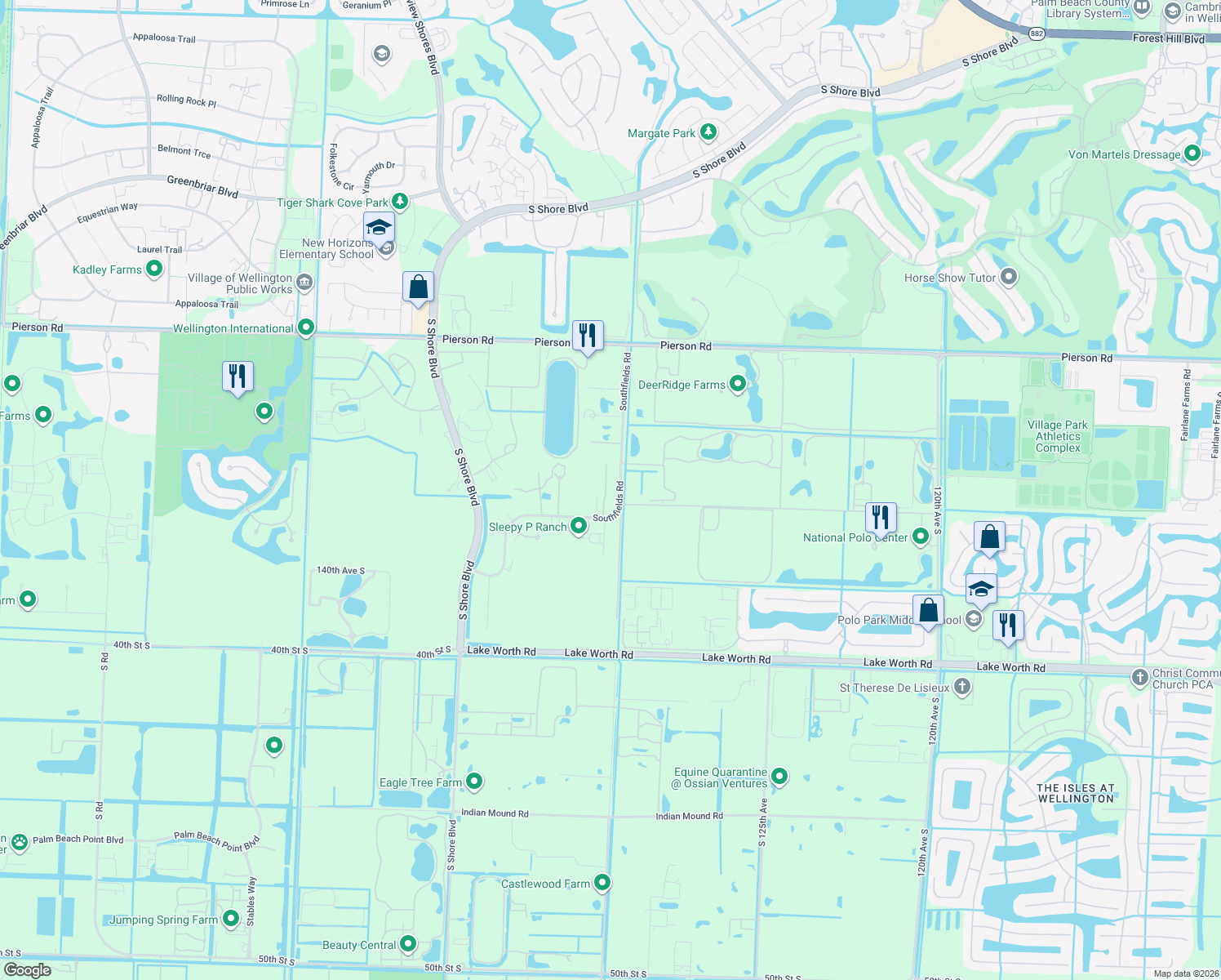 map of restaurants, bars, coffee shops, grocery stores, and more near 13205 Southfields Road in Wellington