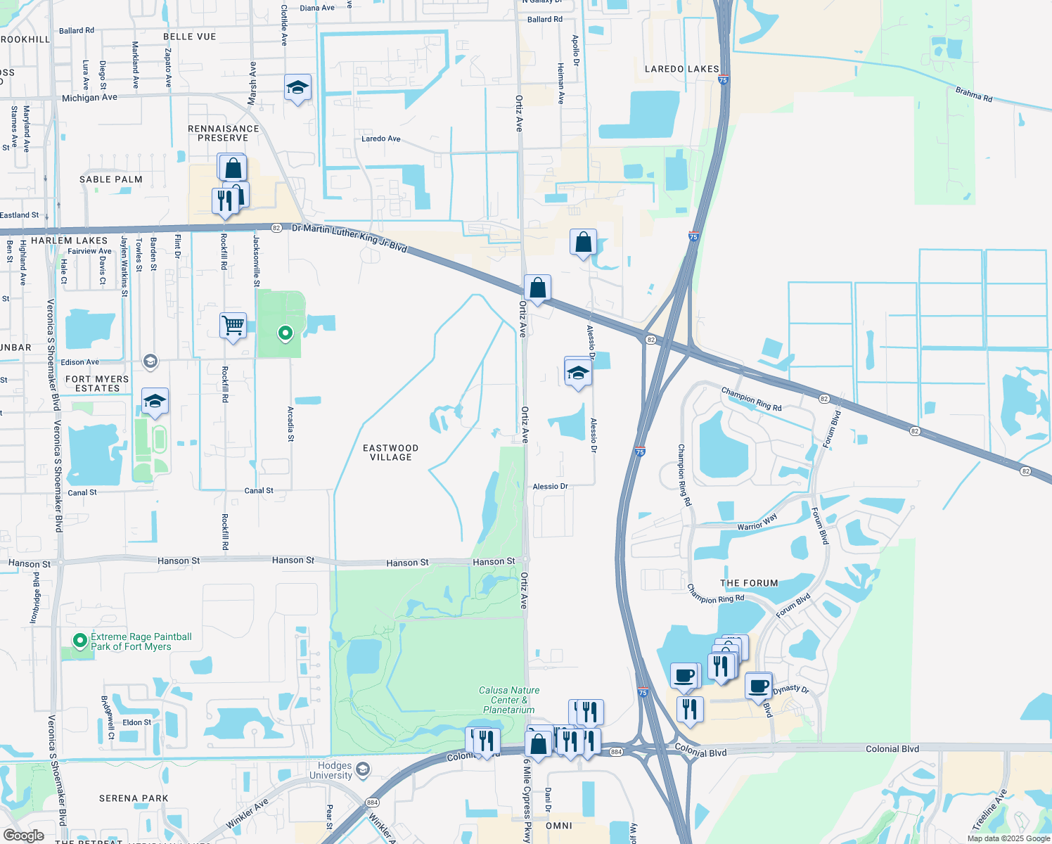 map of restaurants, bars, coffee shops, grocery stores, and more near 2525 Ortiz Avenue in Fort Myers