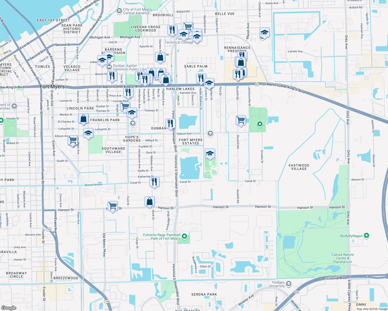 map of restaurants, bars, coffee shops, grocery stores, and more near 3724 Suntrust Drive in Fort Myers