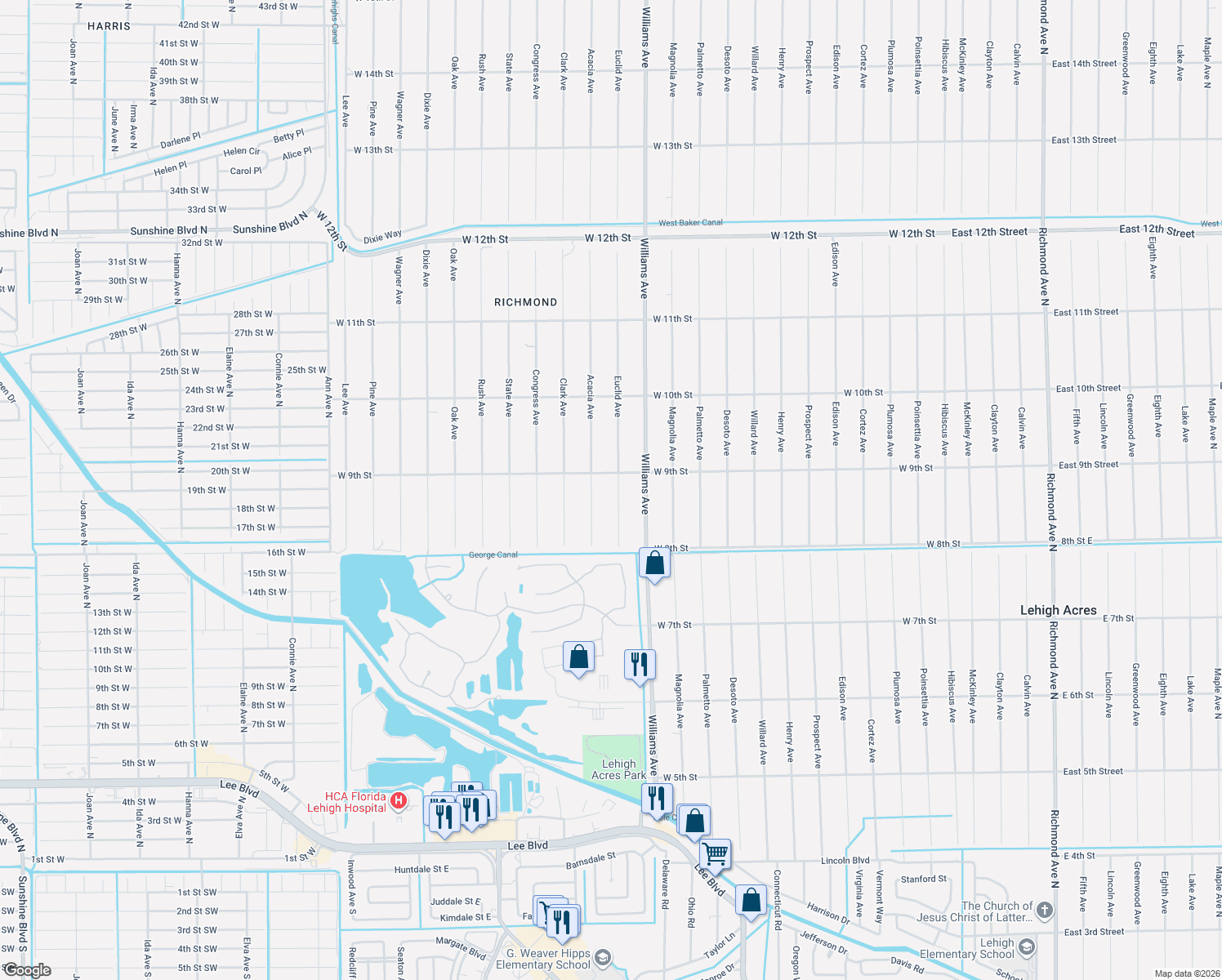 map of restaurants, bars, coffee shops, grocery stores, and more near 819 Euclid Avenue in Lehigh Acres