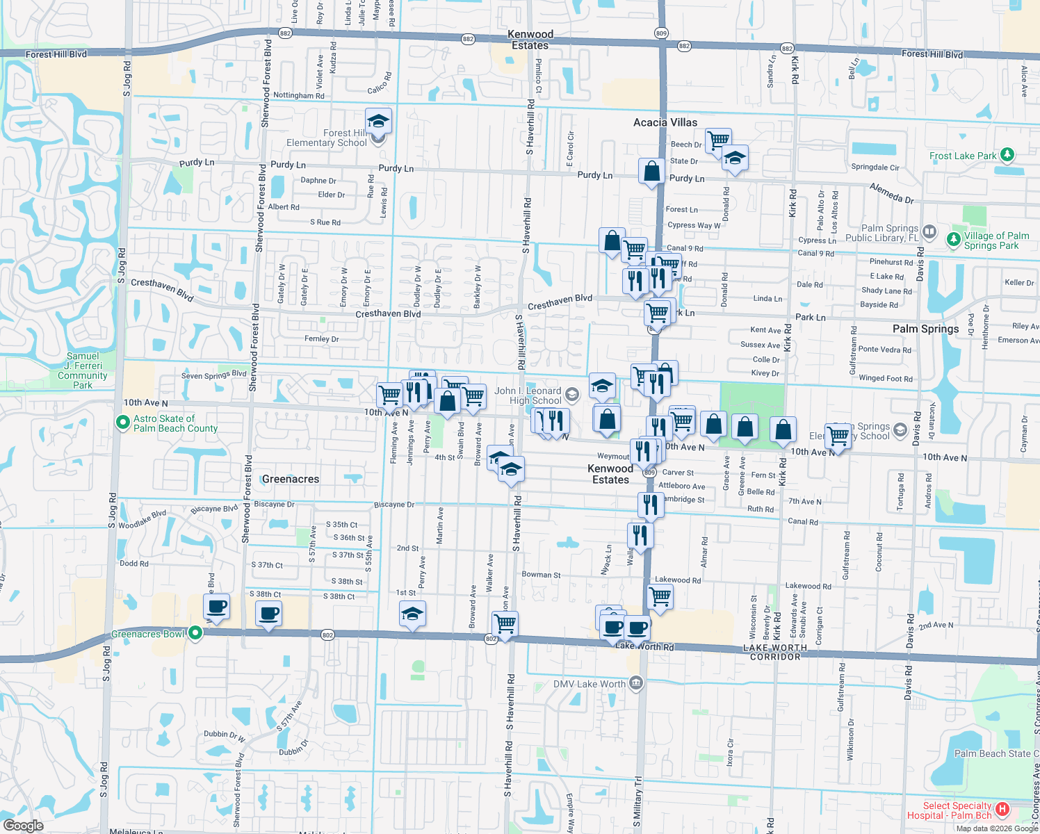 map of restaurants, bars, coffee shops, grocery stores, and more near 4899 Haverhill Road in Greenacres