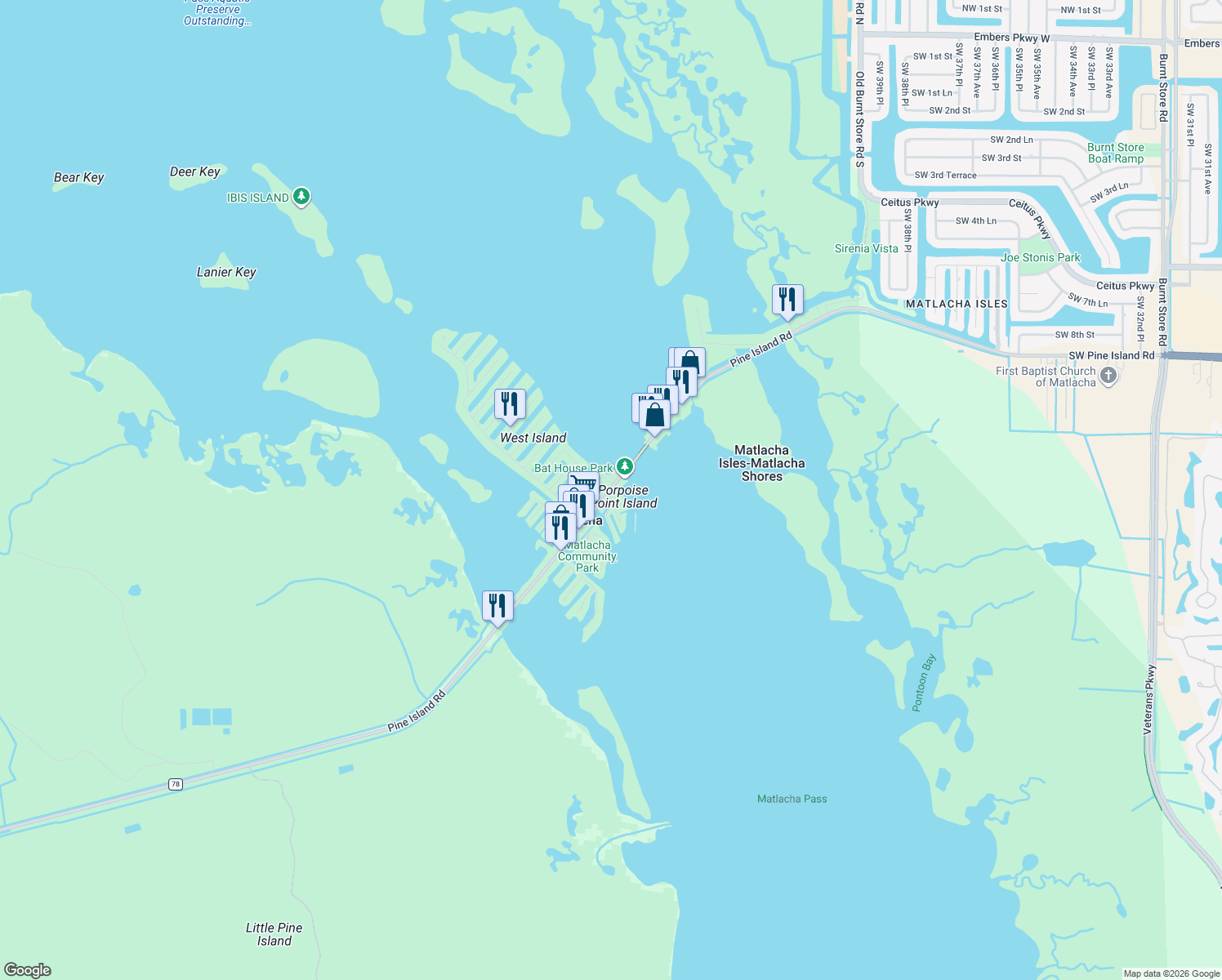 map of restaurants, bars, coffee shops, grocery stores, and more near 4134 Pine Island Road in Matlacha