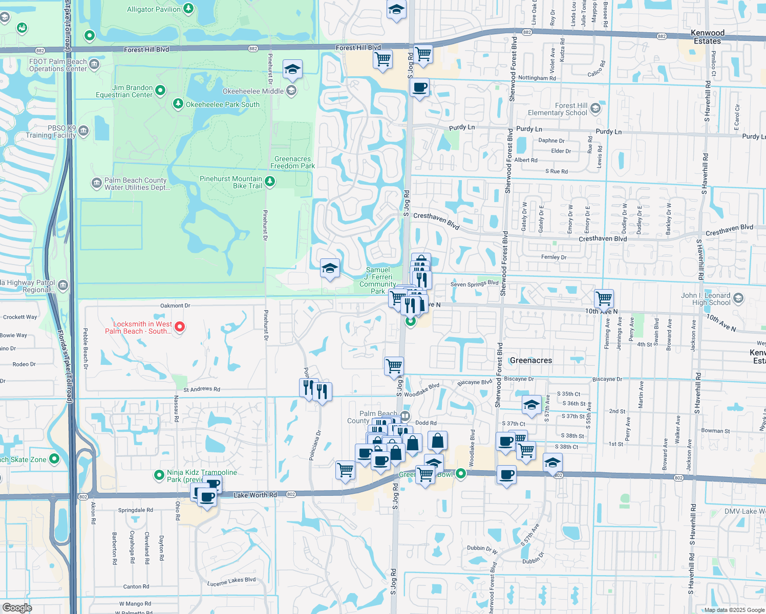 map of restaurants, bars, coffee shops, grocery stores, and more near 3204 Perimeter Drive in Greenacres