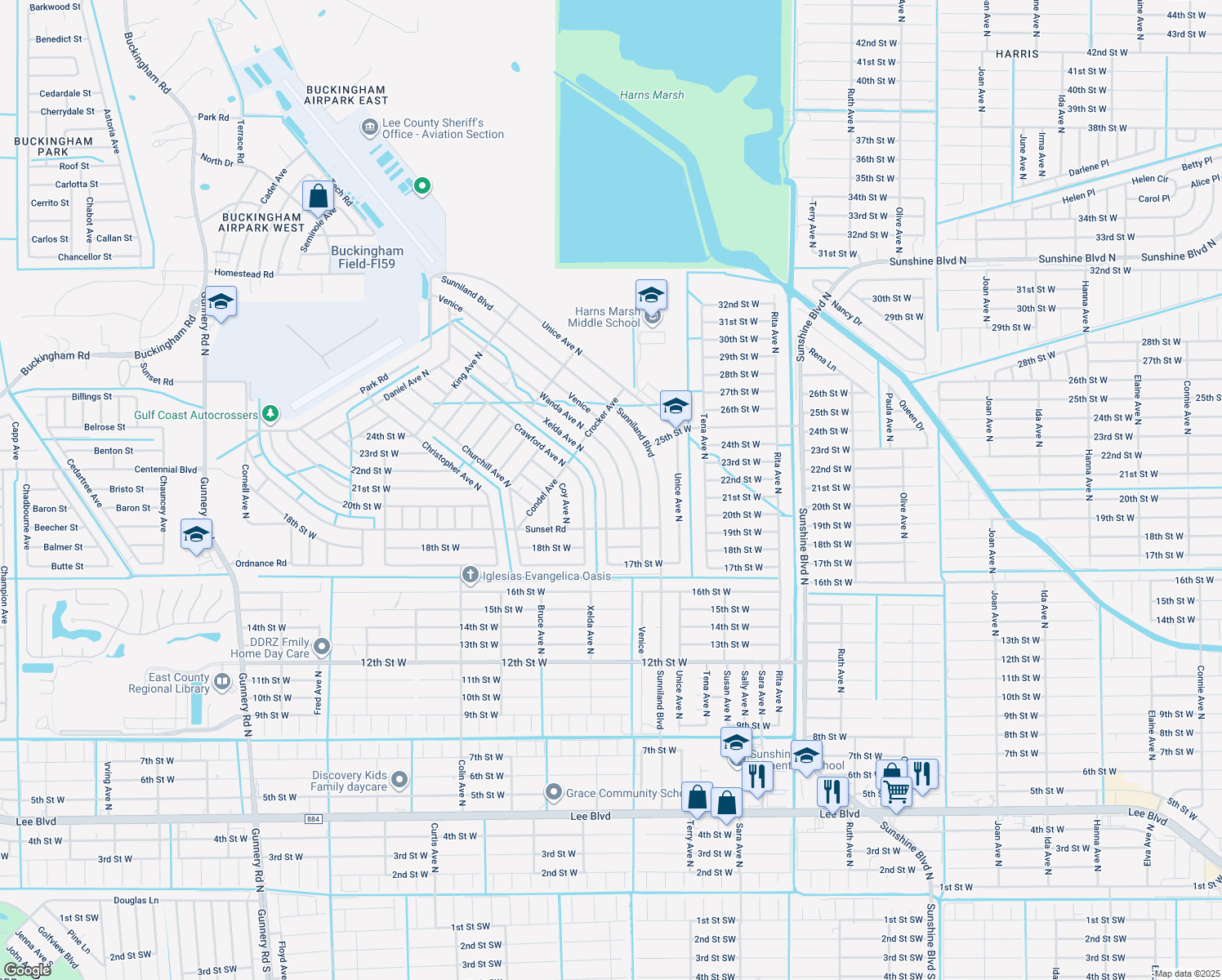 map of restaurants, bars, coffee shops, grocery stores, and more near 1912 Xelda Avenue North in Lehigh Acres