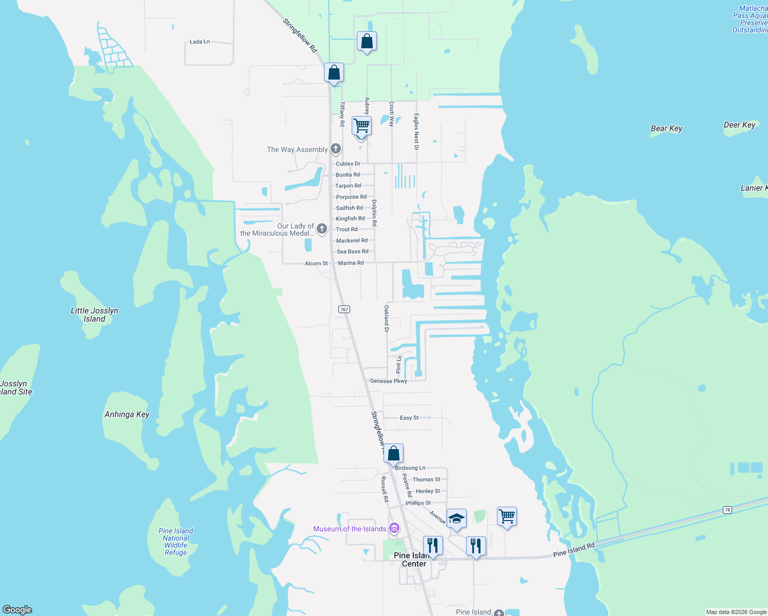 map of restaurants, bars, coffee shops, grocery stores, and more near 11749 Oakland Drive in Bokeelia