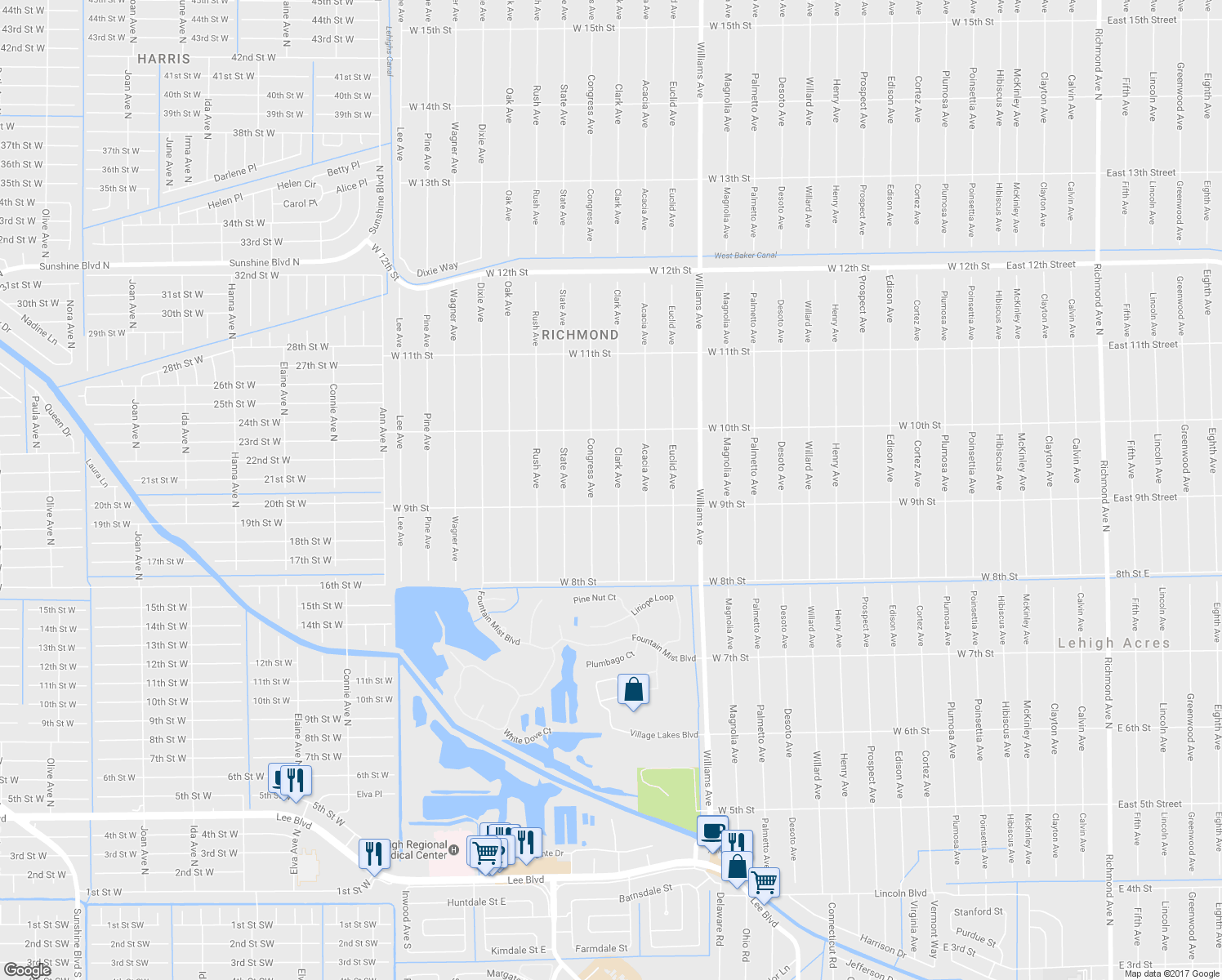 map of restaurants, bars, coffee shops, grocery stores, and more near 905 Clark Avenue in Lehigh Acres