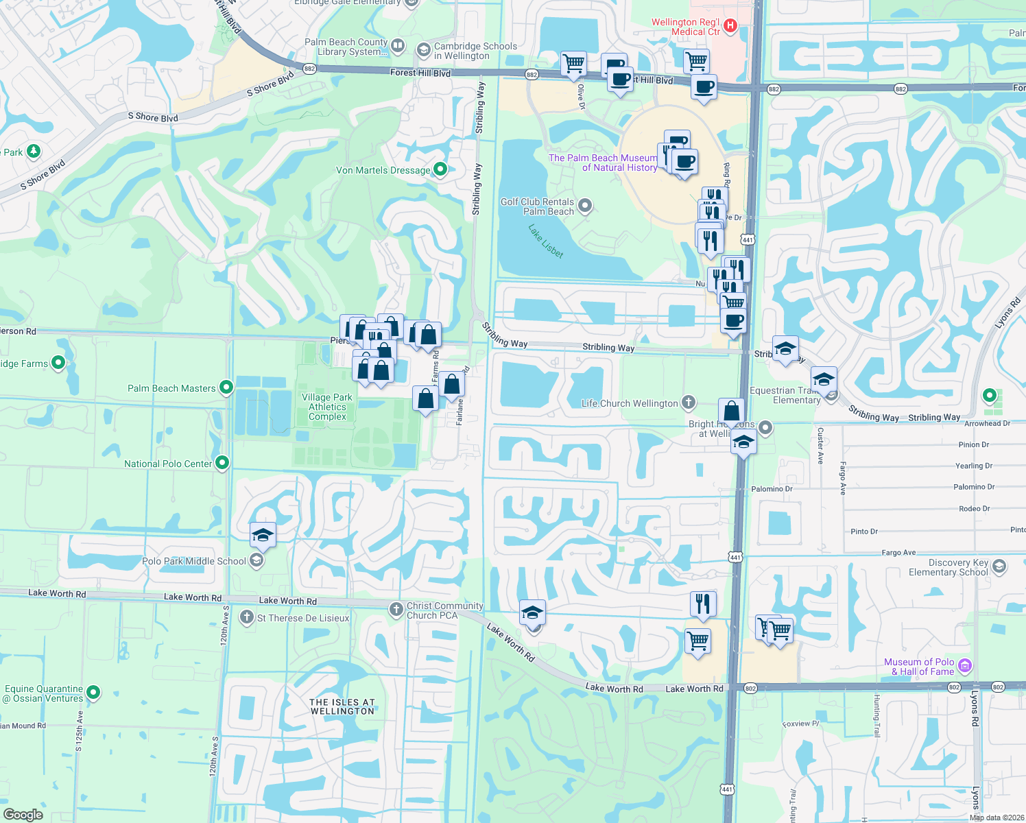 map of restaurants, bars, coffee shops, grocery stores, and more near 10699 Ivanhoe Lane in Wellington