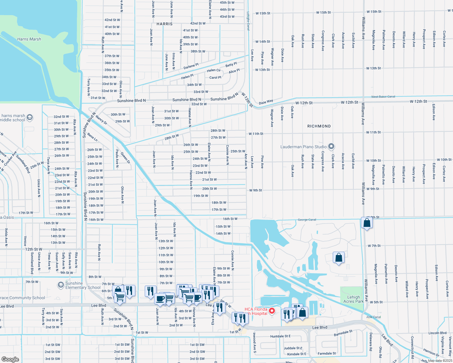 map of restaurants, bars, coffee shops, grocery stores, and more near 2601 21st Street West in Lehigh Acres