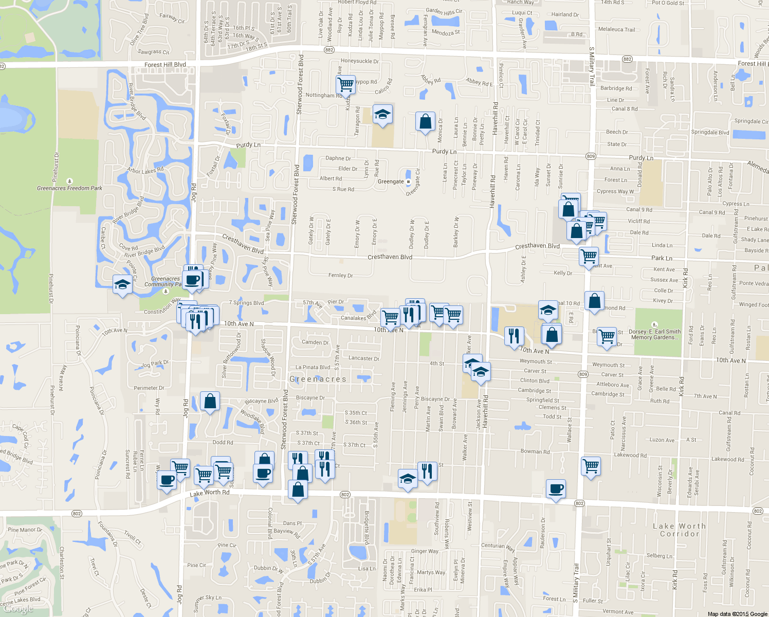 map of restaurants, bars, coffee shops, grocery stores, and more near 1506 Wharf Ln in Greenacres