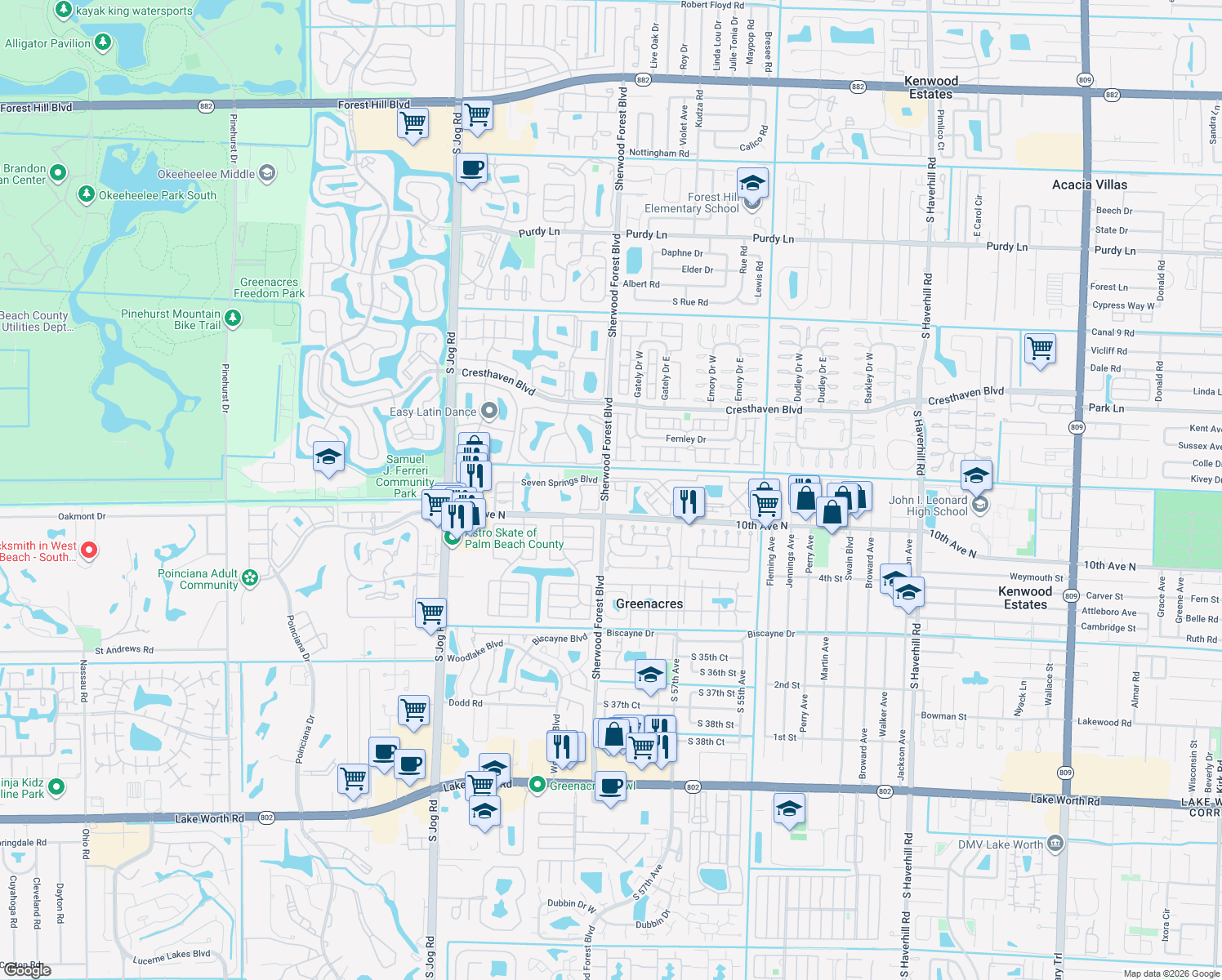 map of restaurants, bars, coffee shops, grocery stores, and more near 6604 Dockside Circle in Greenacres