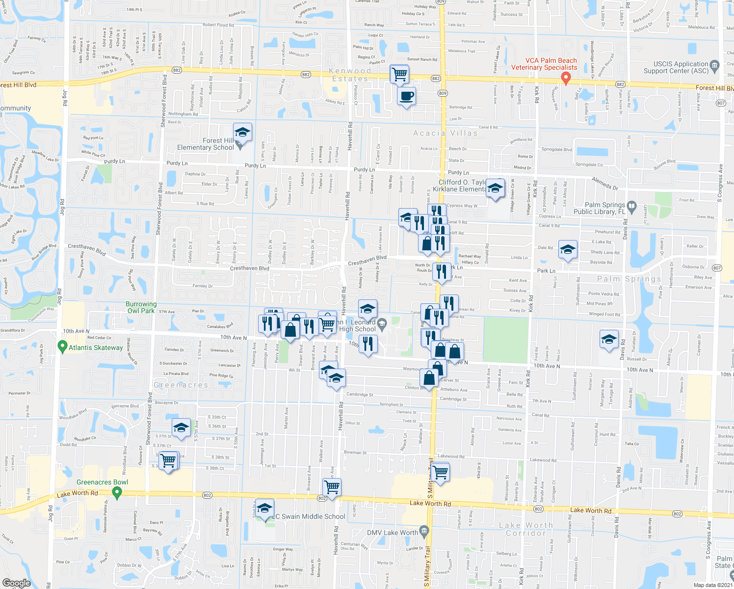 map of restaurants, bars, coffee shops, grocery stores, and more near 2800 Ashley Drive East in West Palm Beach