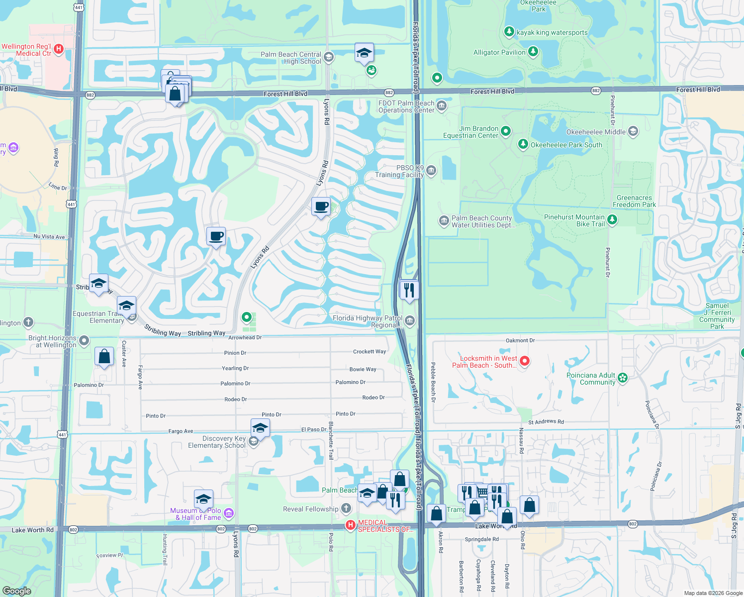 map of restaurants, bars, coffee shops, grocery stores, and more near 8199 Saint Johns Court in Wellington