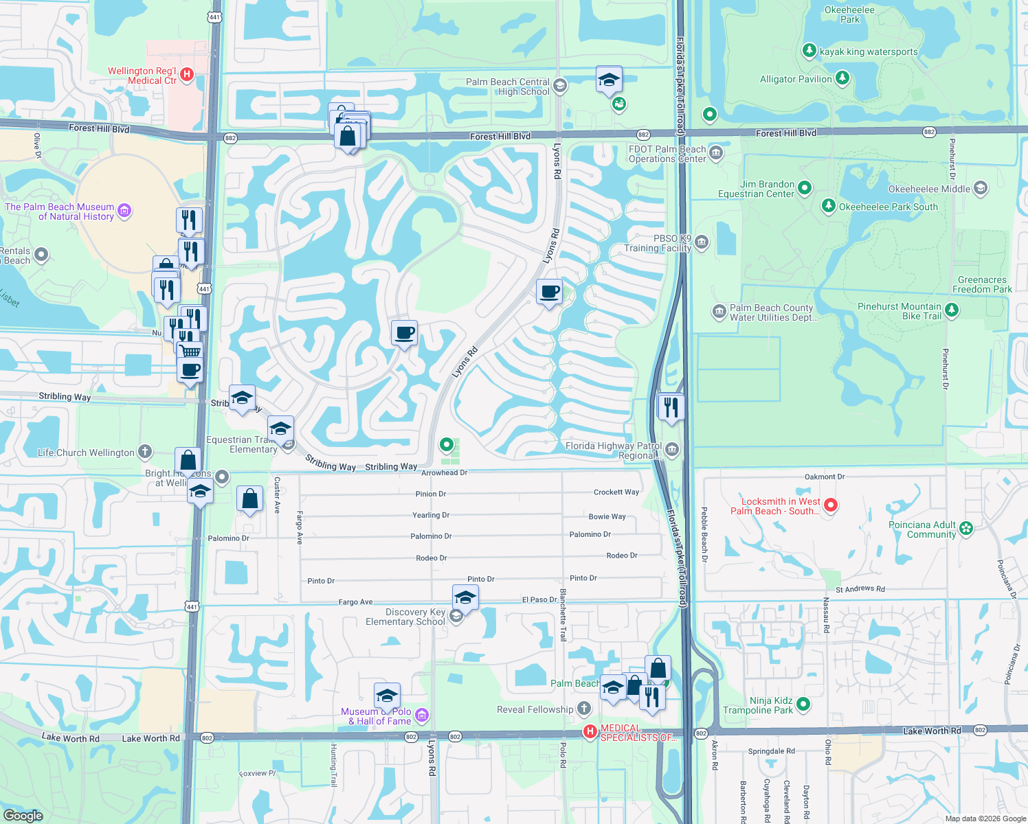map of restaurants, bars, coffee shops, grocery stores, and more near 3107 Verdmont Lane in Wellington
