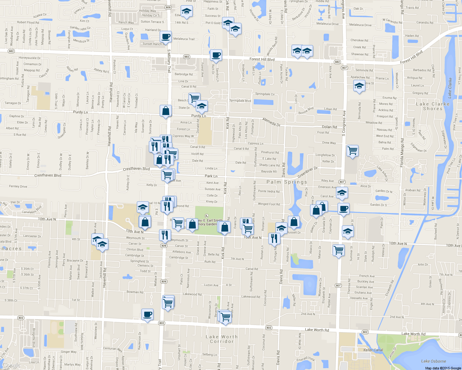 map of restaurants, bars, coffee shops, grocery stores, and more near 2828 Kirk Road in Lake Worth