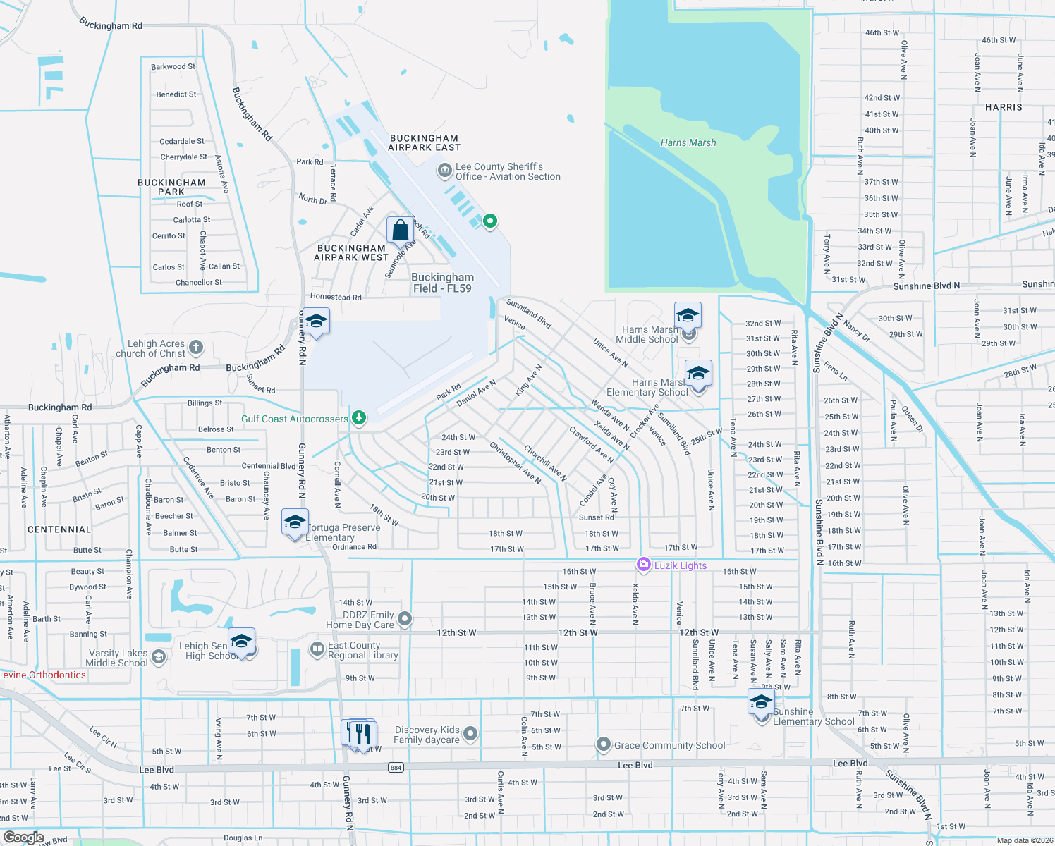 map of restaurants, bars, coffee shops, grocery stores, and more near 2407 Carlton Avenue North in Lehigh Acres