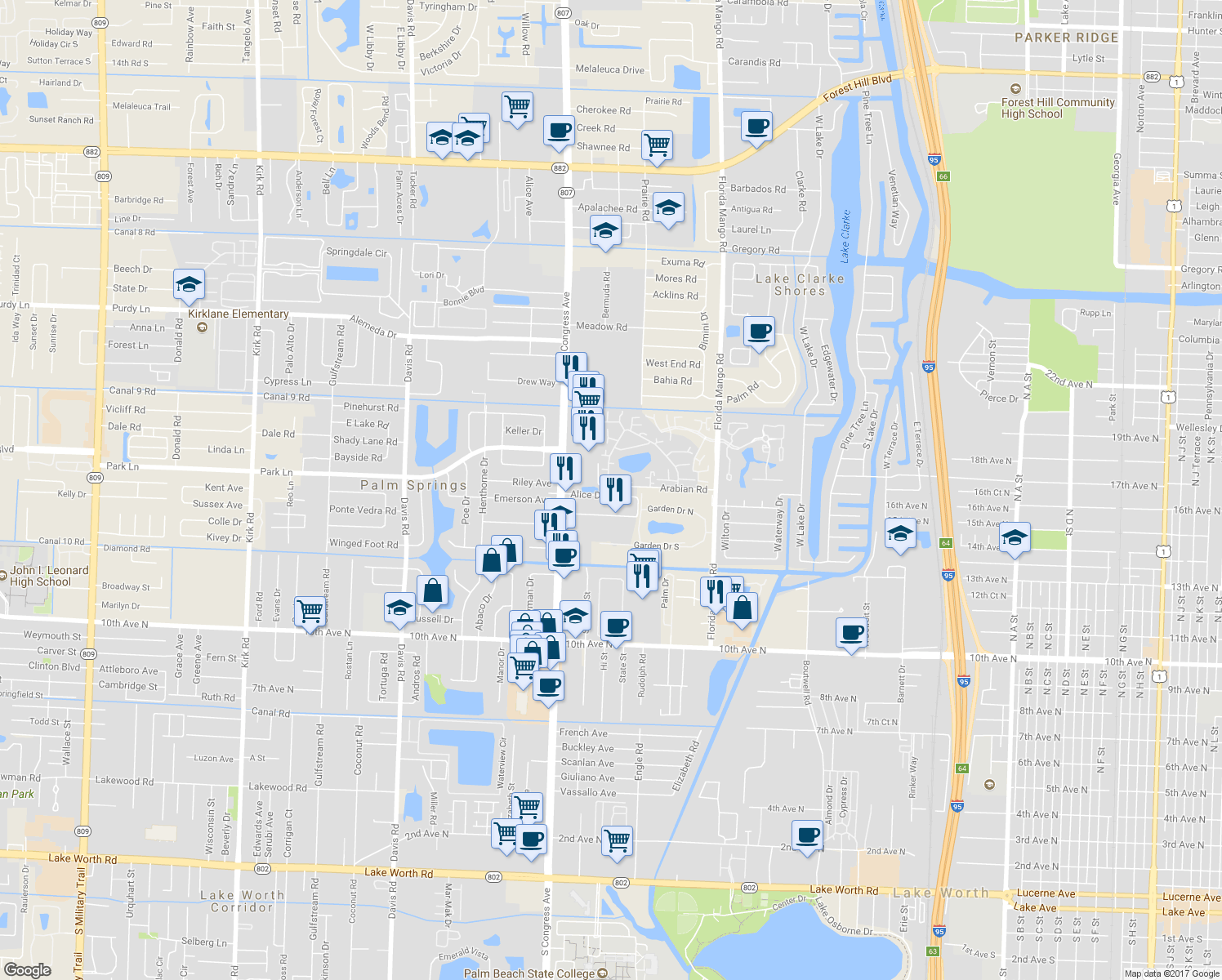 map of restaurants, bars, coffee shops, grocery stores, and more near 417 Arabian Road in Palm Springs