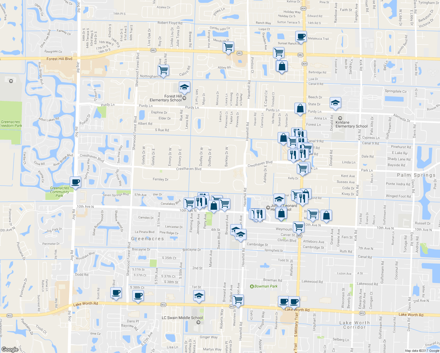 map of restaurants, bars, coffee shops, grocery stores, and more near 2864 Crosley Drive East in West Palm Beach