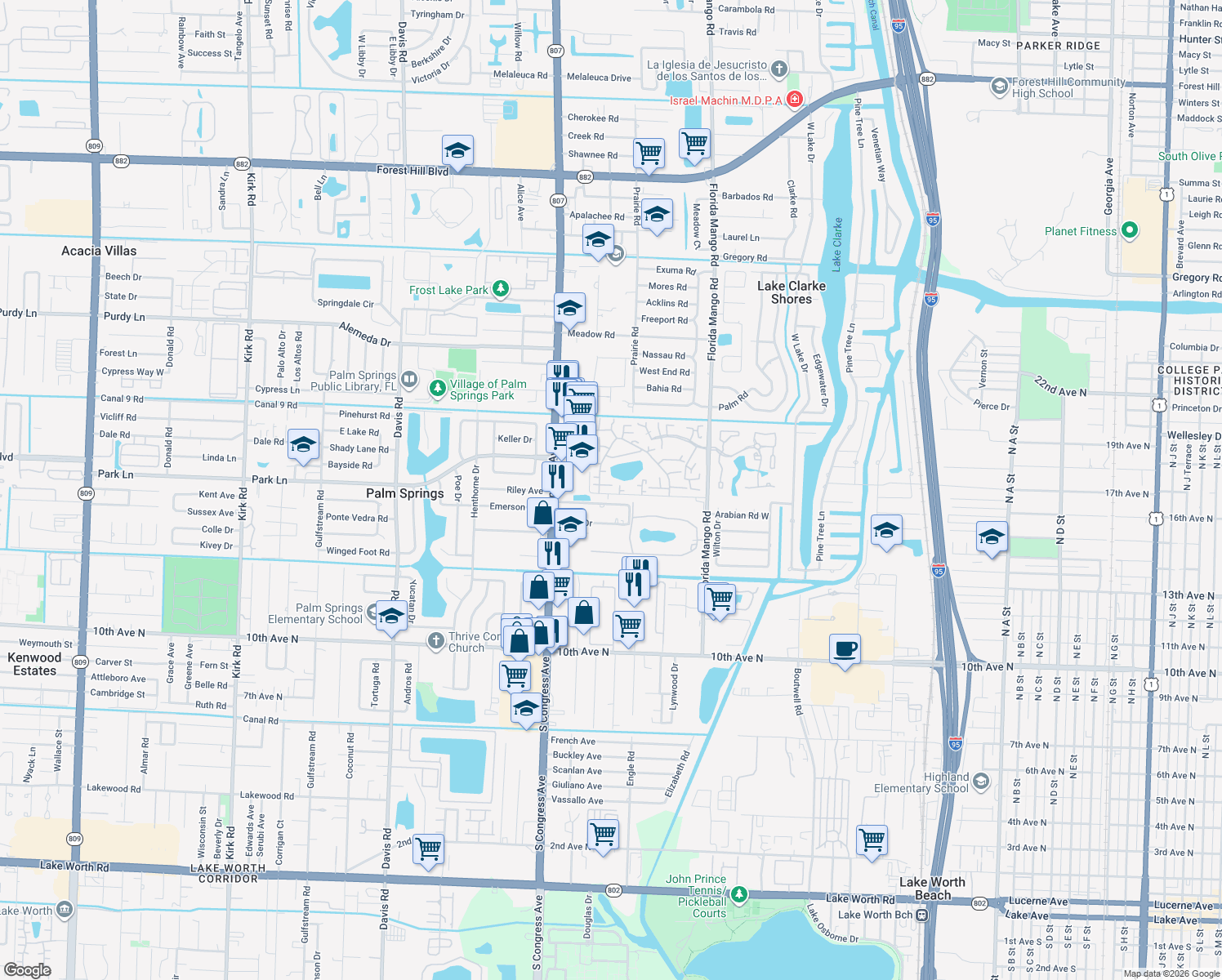 map of restaurants, bars, coffee shops, grocery stores, and more near 306 Lake Arbor Drive in Palm Springs